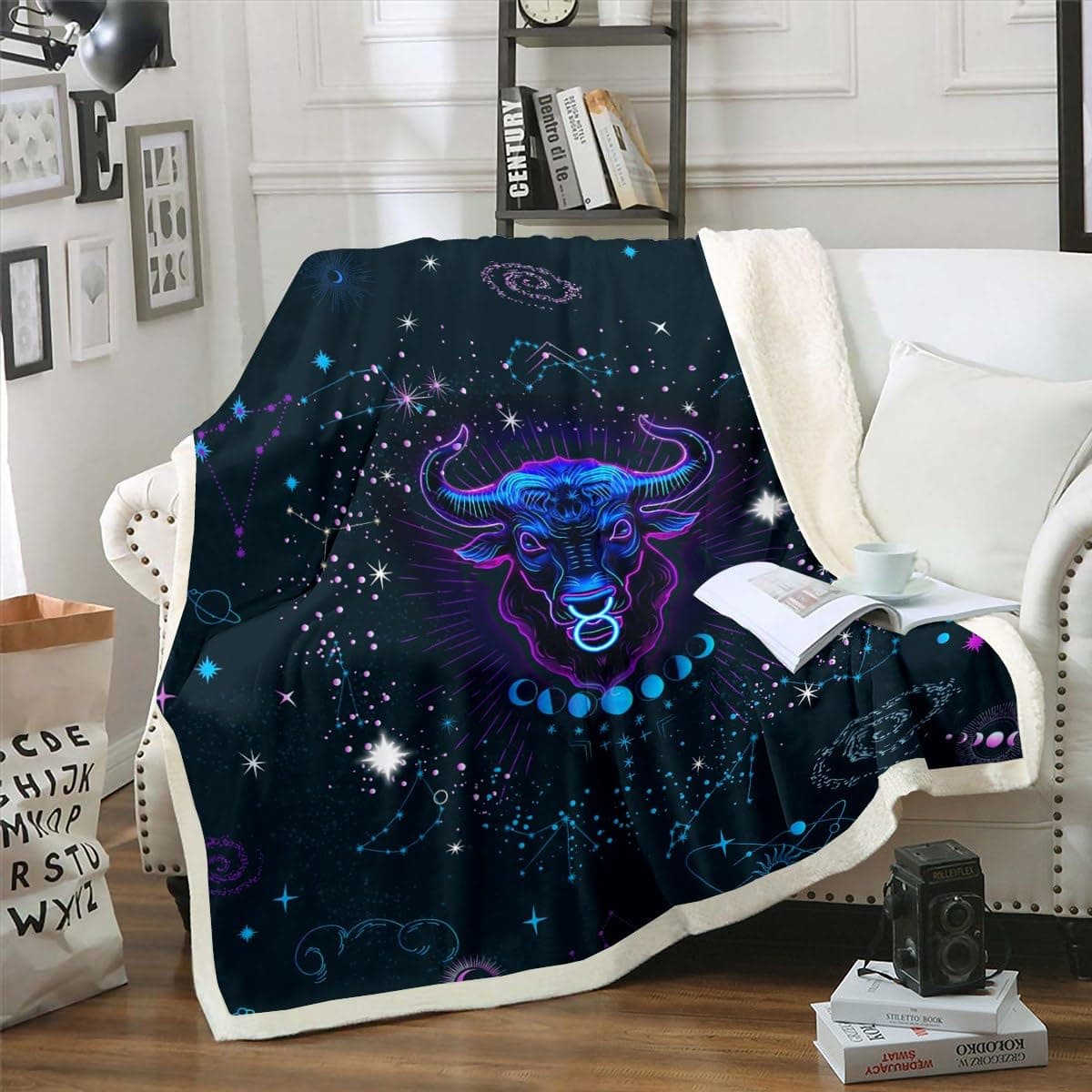 ErosebridalTaurus Blanket Psychedelic Celestial Throw Blanket for Bed, Trippy Galaxy Sherpa Blanket Twelve Constellations Zodiac Fleece Blanket, Horoscope Moon Phase Fuzzy Blanket Cozy