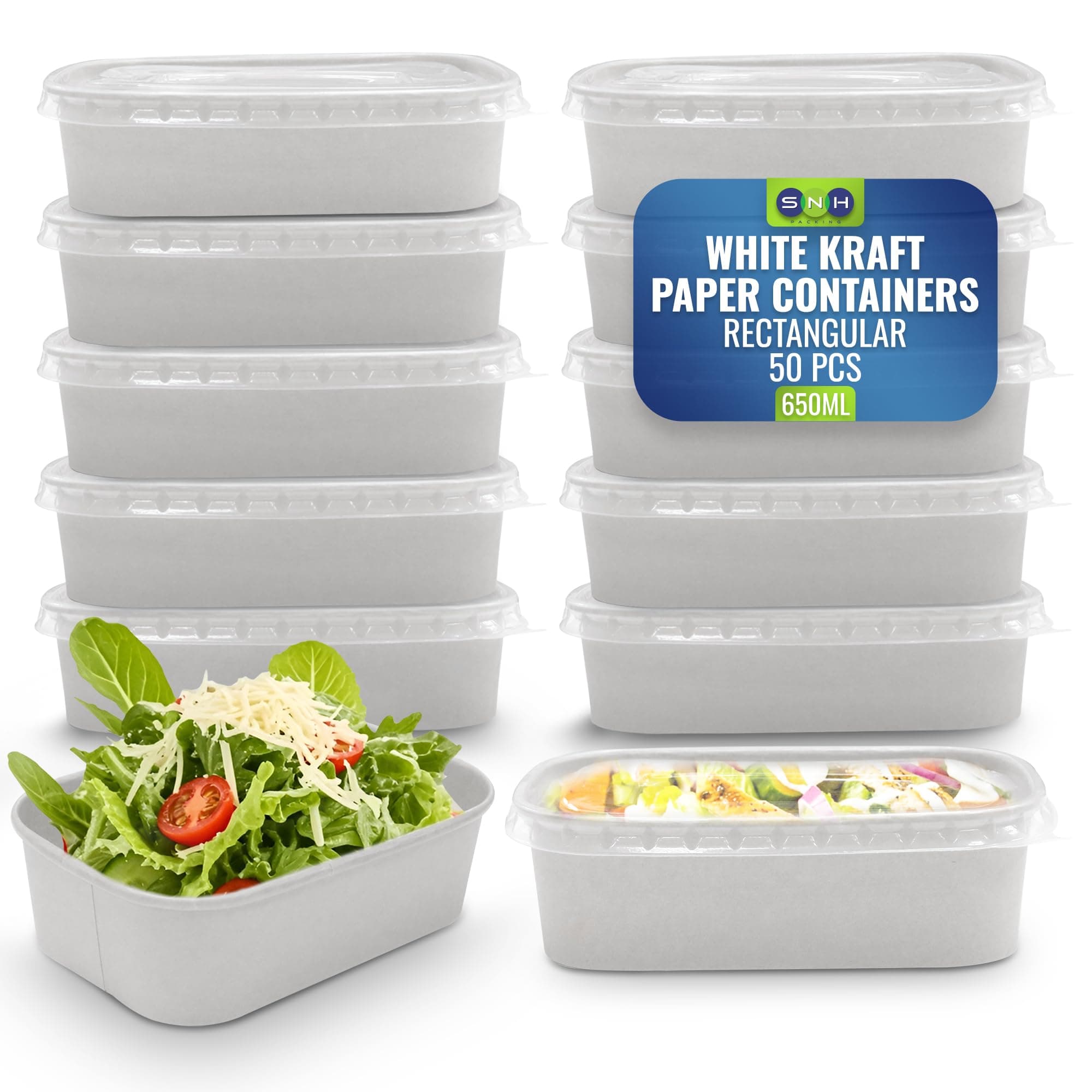 SNH Packing White 50-Pack Rectangular Kraft Paper 650 ml Disposable Meal Boxes with Lids - Heavy-Duty, Microwave-Safe, Leak-Resistant Takeaway Containers for Hot & Cold Food, Meal Prep, BBQ, Salads