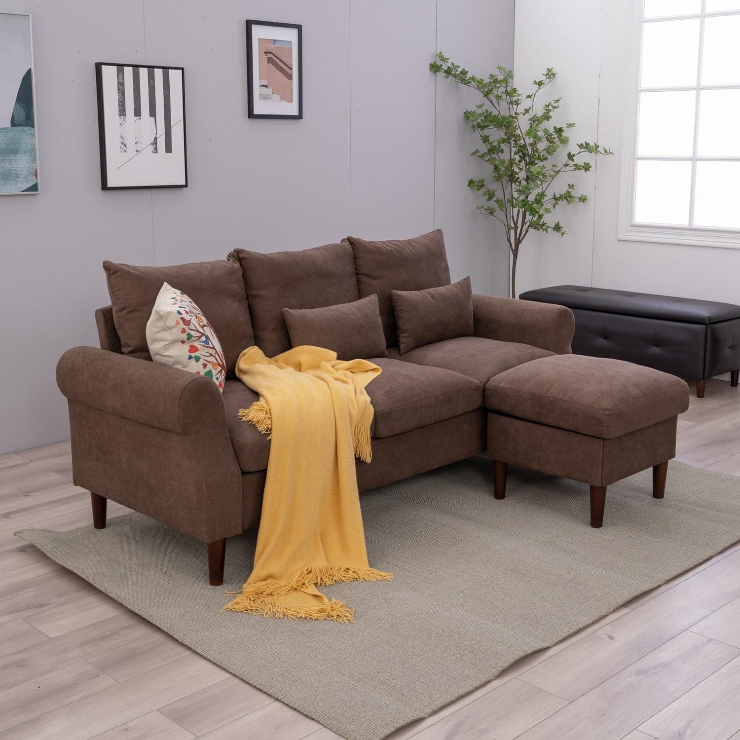 Panana Fabric Corner Sofa Couch L Shape Sofa Settee, 3 Seater Sofa with Lounge Ottoman, Left & Right Hand Side for Living Room Furniture, (Scroll Arm - Brown)