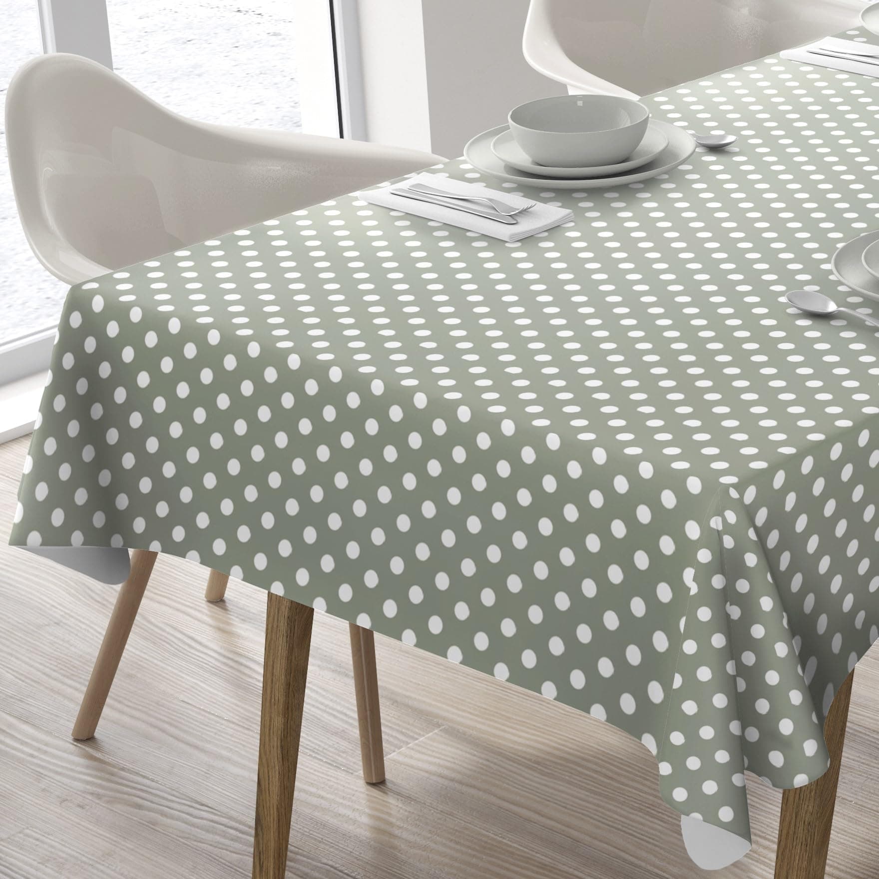 Large Rectangular Oilcloth PVC Wipe Clean Tablecloth Table Cover 140cm x 240cm 55x94 Polka Dot (Sage Green)