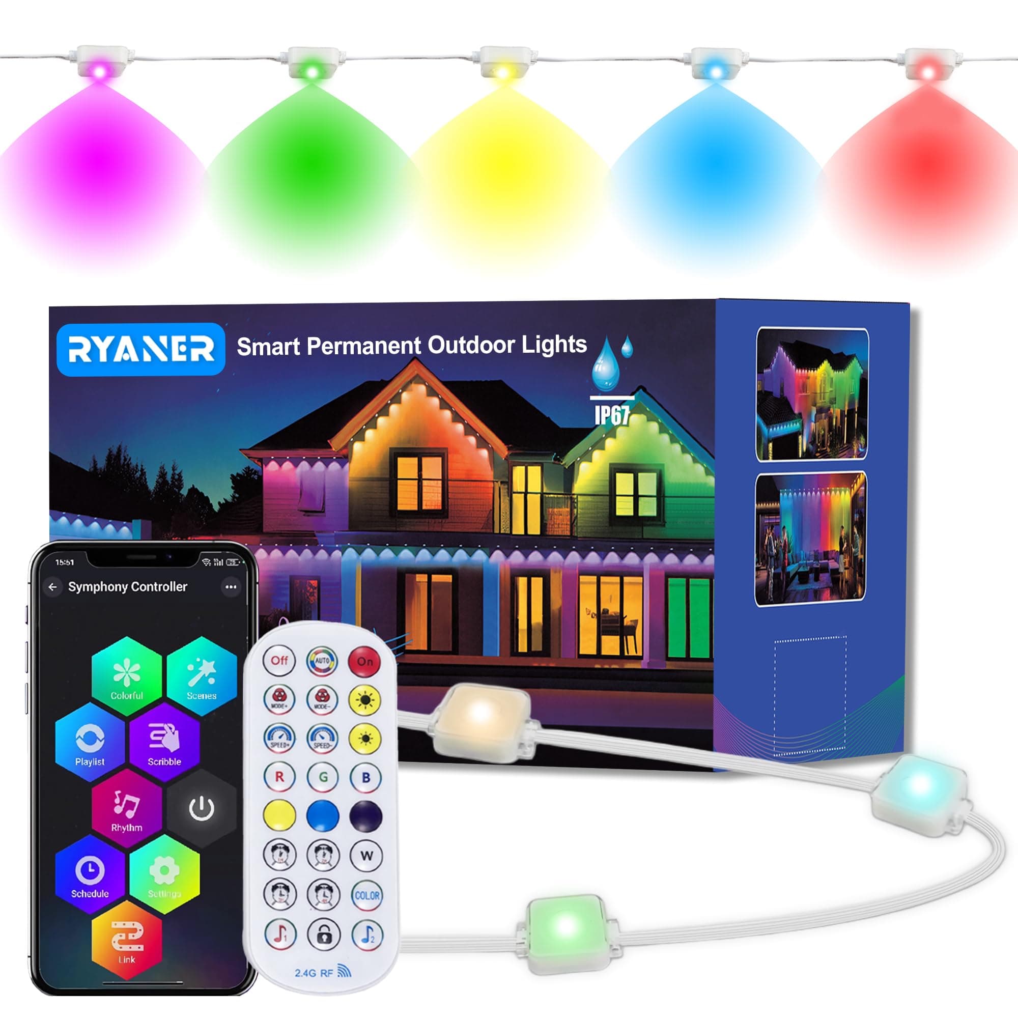 100FT Smart Permanent Eaves Lights IP67 Waterproof, 54 Scene Modes 60 LED Outdoor Lights for House Roof, Garden, Party, Daily, Halloween, DIY/APP/Voice/Remote Control