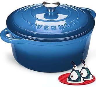 Overmont 28cm/6.6L Enamelled Cast Iron Round Casserole Pot With Lid Cookbook & Cotton Potholders - Non-stick Dutch Oven Cookware for Braising, Stews, Roasting, Bread Baking - Sapphire blue, 7QT