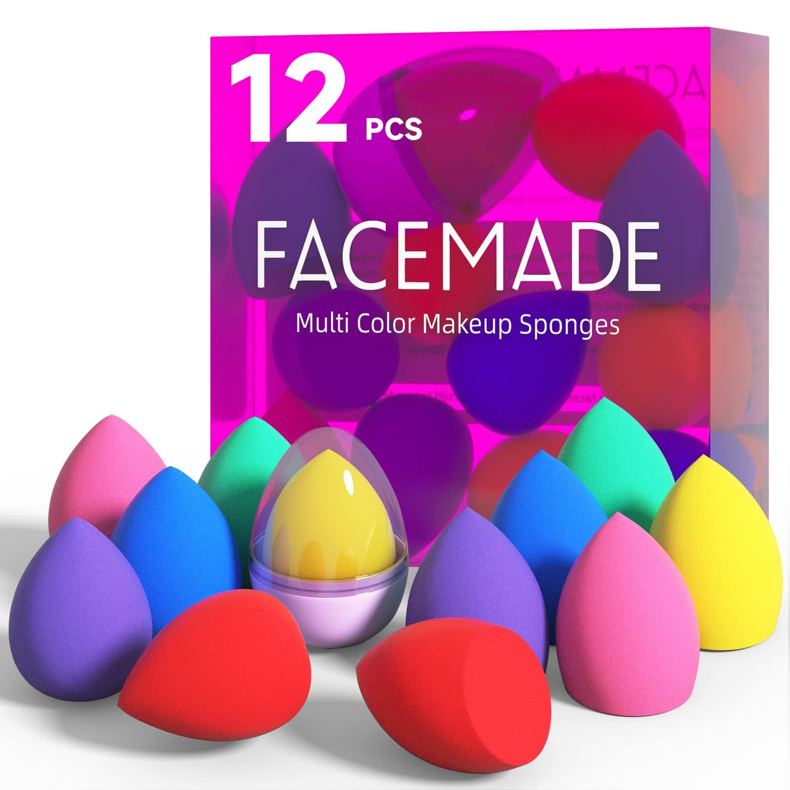 FACEMADE 12 PCS Makeup Sponge Set and 1 Sponge Holder, Makeup Sponges for Foundation, Beauty Sponge Set with Multiple Colors, Face Sponges for Liquid, Cream and Powder