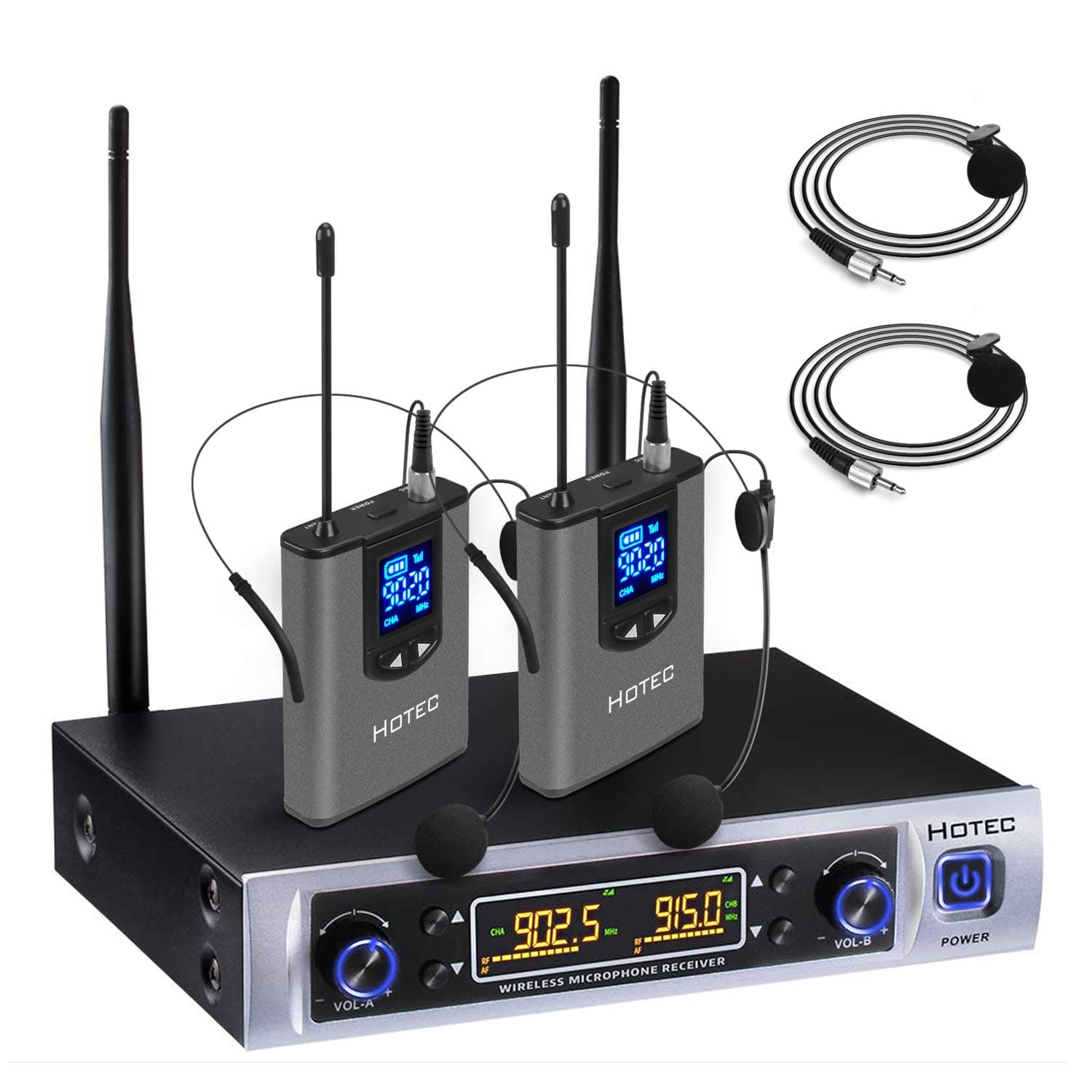 HOTEC UHF Wireless Microphone System with Dual Lapel/Lavalier and Headset Microphones Over PA, Mixer, Speaker, Karaoke Machine for Church, Training, Classroom, Interview (H-K25)