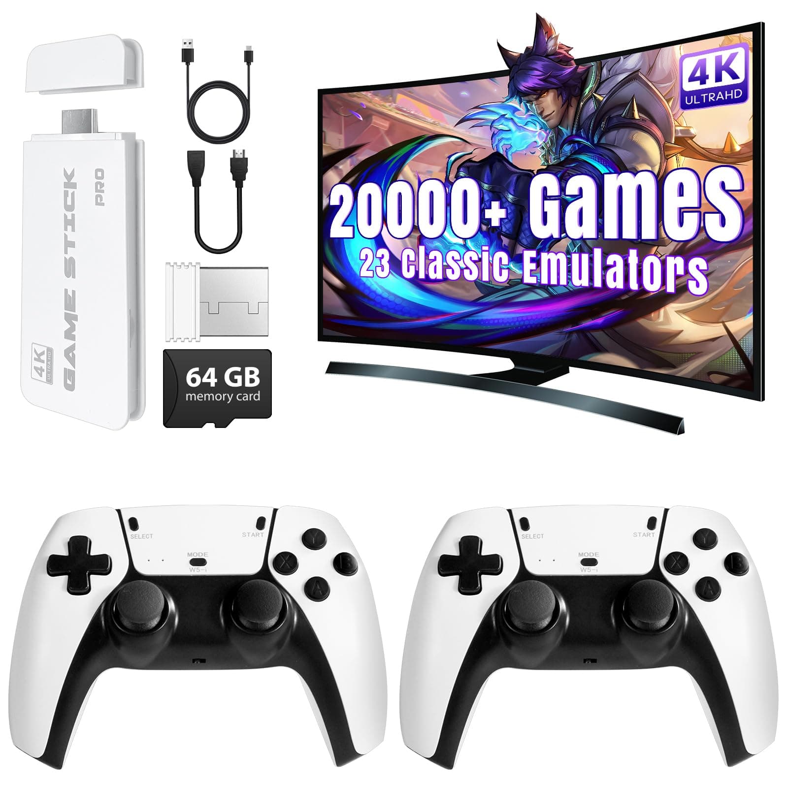 Wireless Retro Game Console Stick, Plug and Play Video Gaming Console with 64G/20000+Games, HDMI Output for TV with 2.4G Wireless Controller