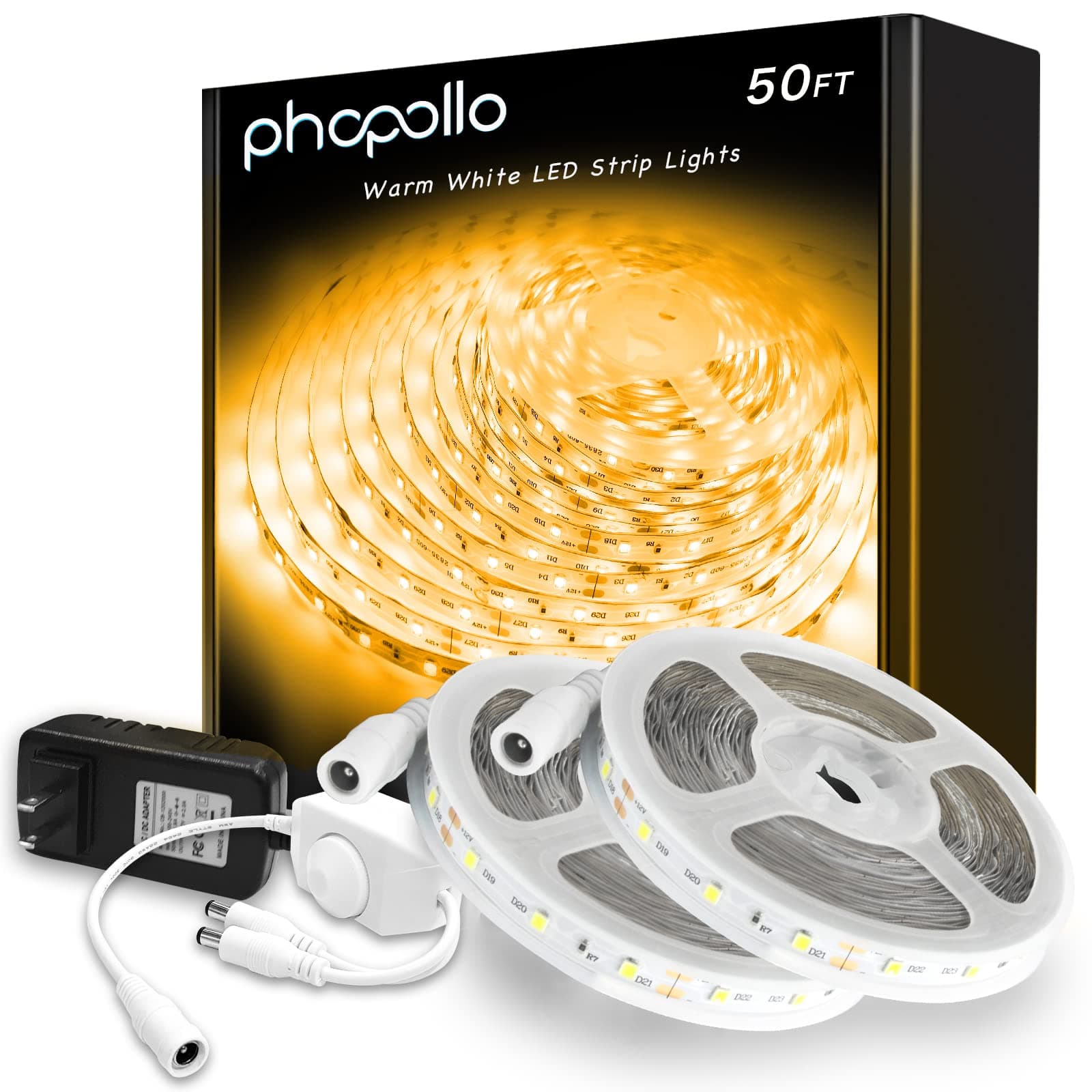 phopollo Warm White LED Strip Lights, 50ft (2 Rolls of 25ft) Dimmable 3000k Warm White Led Light Strip, 900 LEDs Flexible Led Lights for Bedroom, Mirror, Kitchen Decoration