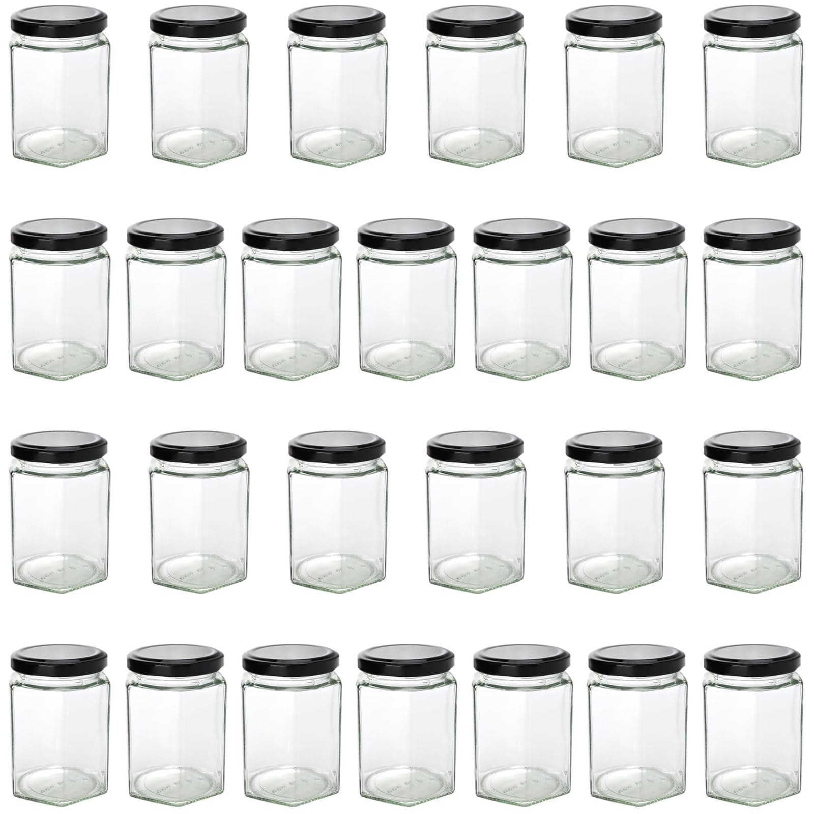 UNGFEI 26 PCS 280ml 9oz Hexagonal Jam Jars with Lids, Glass Jars with Black Lids for Preserving Honey, Pickle, Chutney