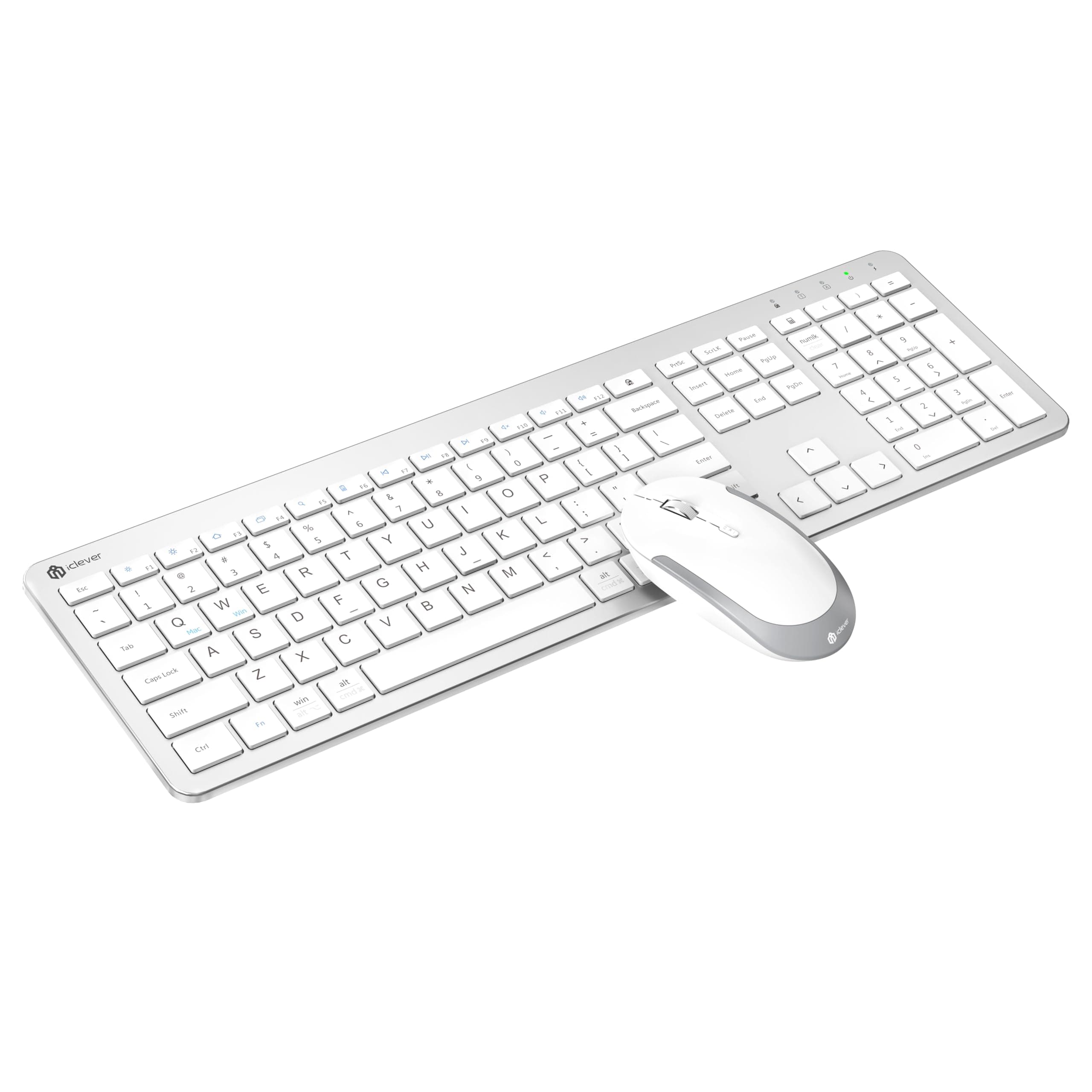 iClever GK08 Wireless Keyboard and Mouse Combo - Full-Size Ergonomic Keyboard with Number Pad, 2.4G USB, Quiet Click, 3-Level DPI, Rechargeable, Slim Design for Windows/Mac, Silver