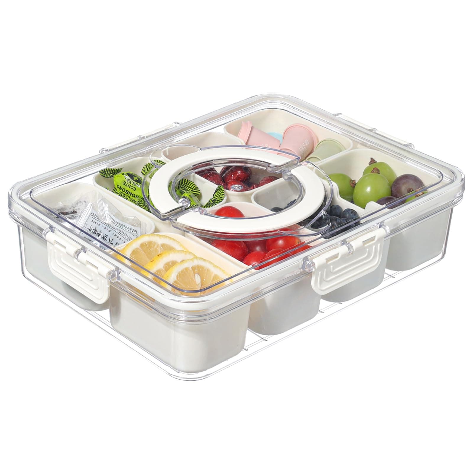 PENGKE Divided Serving Tray with Lid,Clear Plastic 8 Compartments Portable Snack Containers Snackle Box with Handle,Travel Snack Box Organizer for Snacks,Fruits,Candy,Nuts