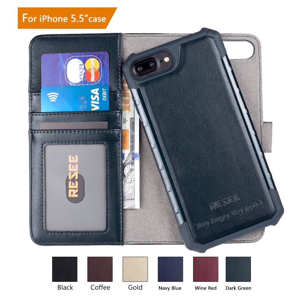 RESEE iPhone 7/8 Plus Wallet Case, iPhone 6s/6 Plus Case, [Detachable 2 in 1 Cover] PU leather Magnetic Flip Cover With Card Holder RFID Blocking Shock Absorption For iPhone 5.5 Inch - Dark Green