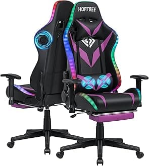 HOFFREE Gaming Chair with Bluetooth Speakers and Led Lights Massage Video Game Chair with Footrest Reclining High Back Computer Gamer Chair Purple and Black
