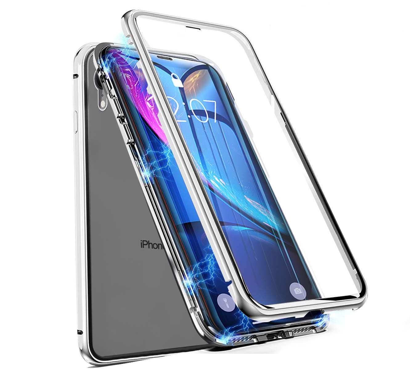 EAZY2HD Magnetic Case for iPhone XR iPhone Case Front and Back Tempered Glass 360°Protection with Built-in Magnet Cover, Ultra Slim Magnet Adsorption Case (Silver, iPhone XR)