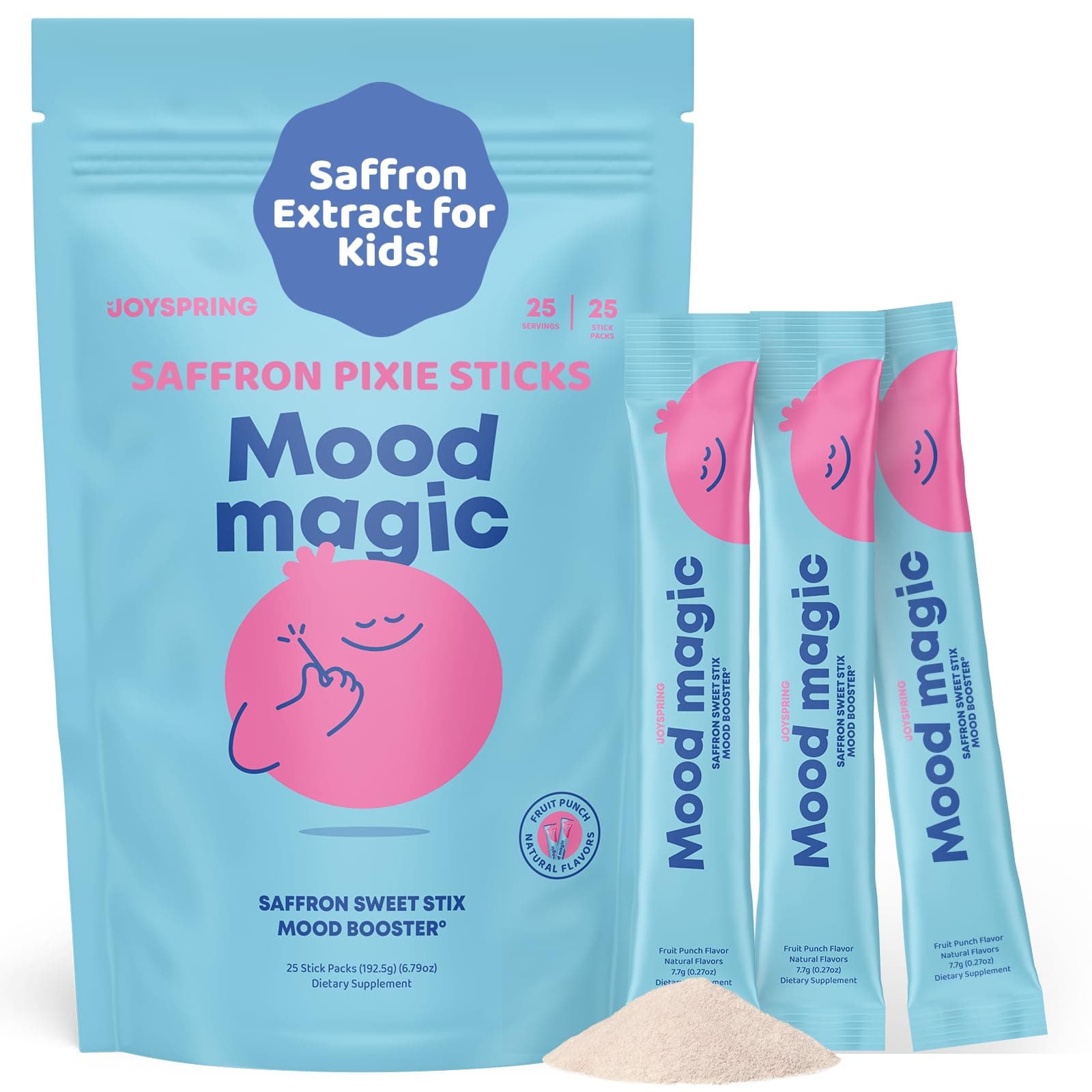 JoySpring Mood Magic for Kids – Natural Mood Support Pixie Sticks Candy with Saffron Extract, Magnesium Citrate & Vitamin D3 | Sugar-Free Powder Drink or Candy | 25 Servings | 4+ Years