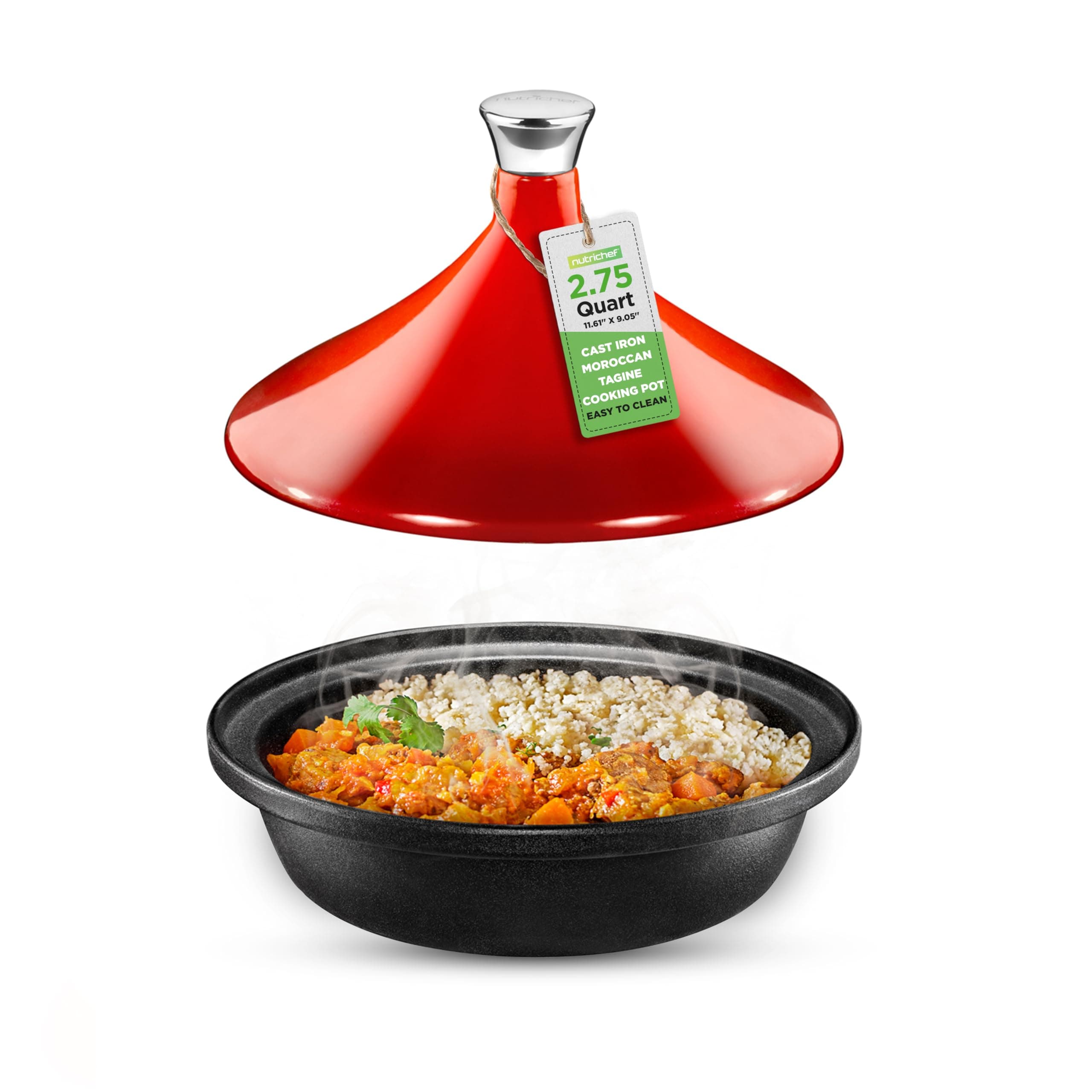 NutriChef Moroccan Tagine Pot for Cooking - Premium Cast Iron Cooking Pot with Stainless Steel Knob and Red Cone-Shaped Porcelain Enameled Lid - 11.6" Width, 2.75 Qt