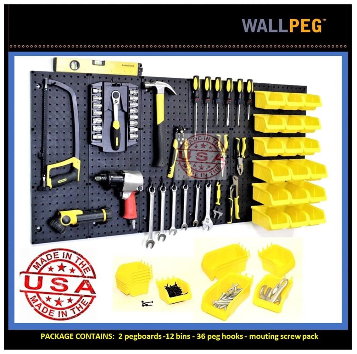Pegboard Kit Tool Organizer - Kit (PK-312-B) Peg Board Panels Locking Peg Hooks Set – Workbench Organizer Tool Storage Pegboard Hooks (‎24" x 48" - 12 Bins) (Traditional)