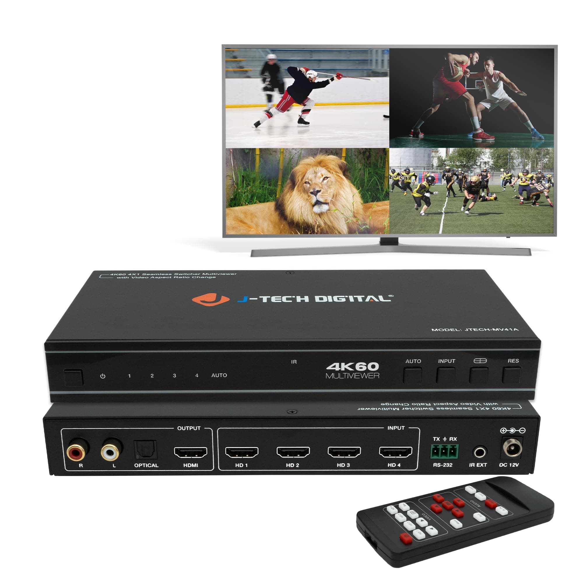 J-Tech Digital 4x1 HDMI Multi-viewer & Seamless Switcher 4K 60Hz | 4 in 1 Out w/ 8 Display Modes, Audio Extract, Aspect Ratio Change, OSD, PiP, PBP, Quad Viewing [JTECH-MV41A]