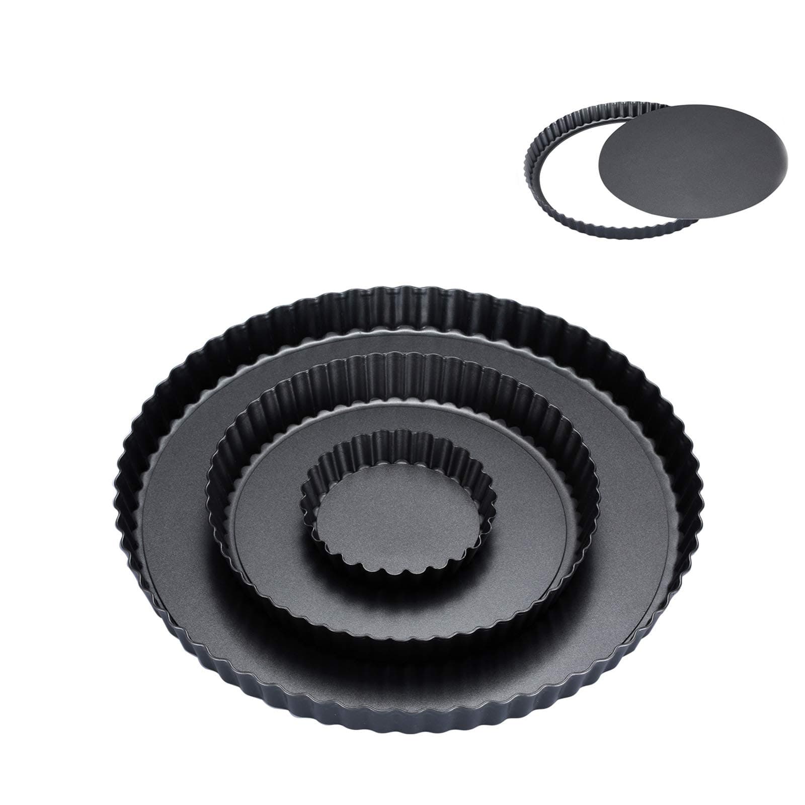 AOMGD 3 Pack Tart/Quiche Pan Set with Removable Bottom,Round Loose Bottom Non-stick Carbon Steel Pie Molds,Black(4" & 8" & 12")