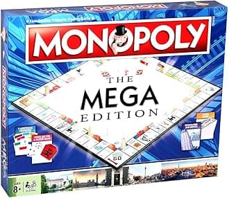 Winning Moves Mega Monopoly Board Game, 12 extra spaces including Downing Street, Saville Row and Knightsbridge, Invest in Skyscrapers, for ages 8 plus
