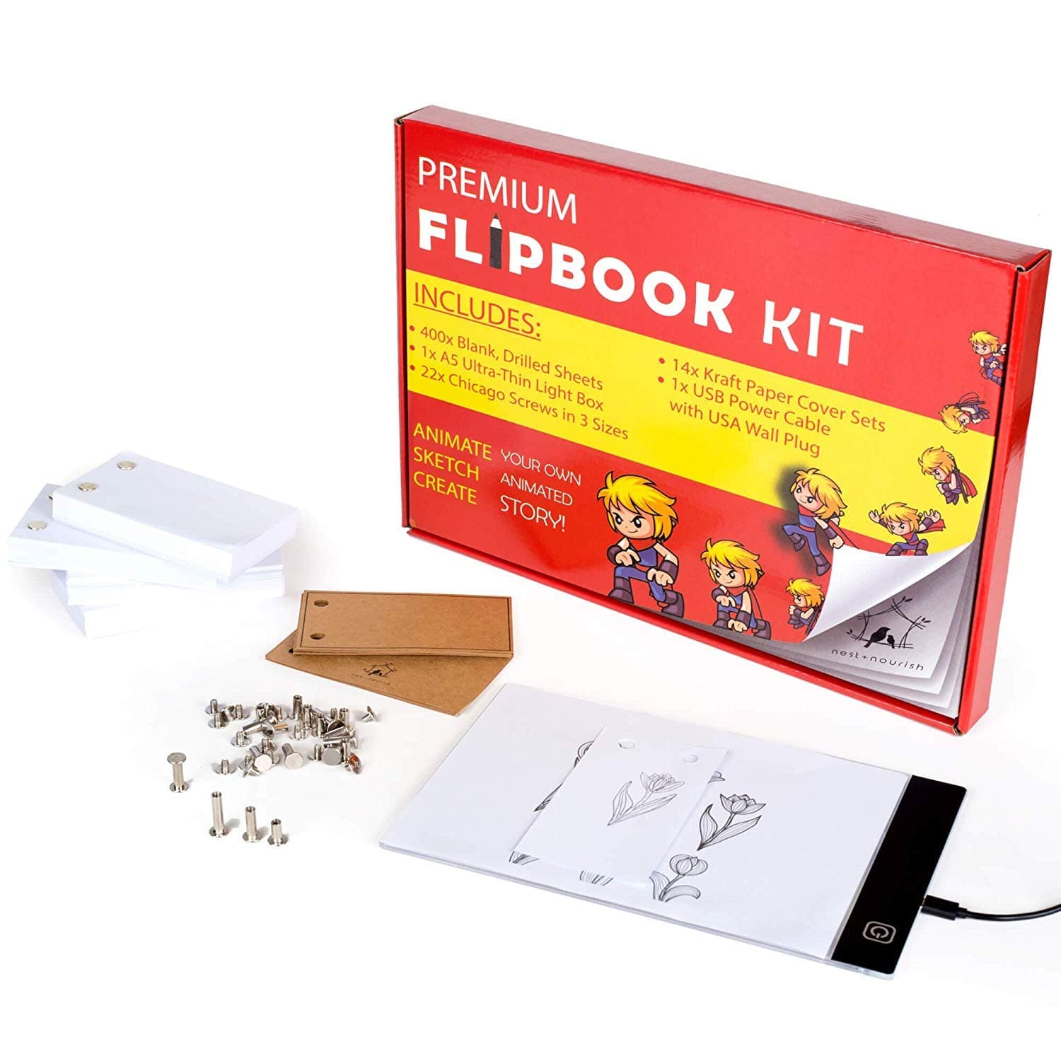 FLIP BOOK KIT with Lightbox, 400 Sheets 4.5” x 2.5” & 22 Screws in 3 Sizes, A5 LED Light Box for Drawing and Tracing, No Bleed Flipbook Kit for Sketching & Animating, 120 GSM Flipbook Paper With Holes