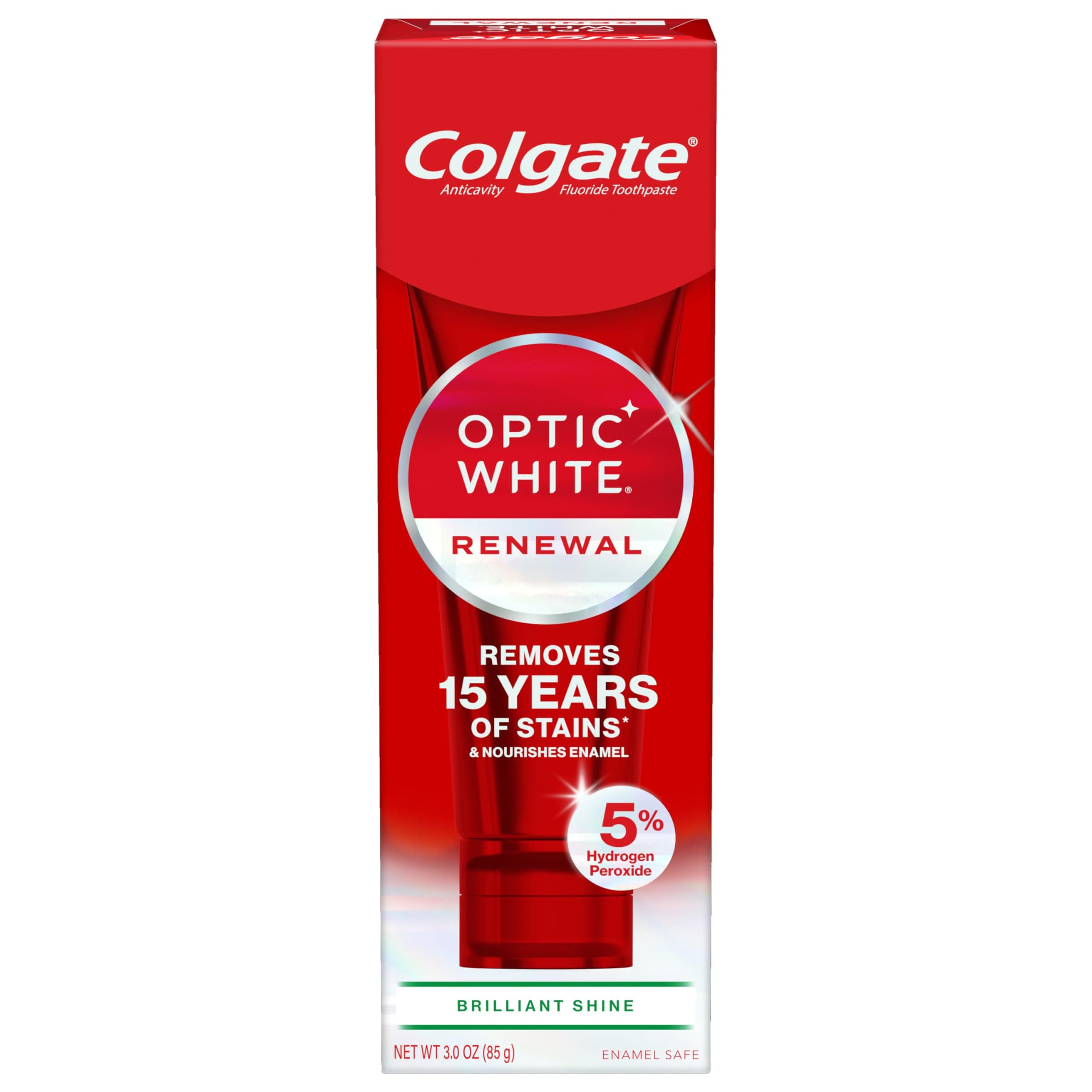 Optic White Renewal Teeth Whitening Toothpaste, Whitening Fluoride Toothpaste, Effectively Removes Tea, Coffee, and Wine Stains, Made with Hydrogen Peroxide, Brilliant Shine, 3.0 oz