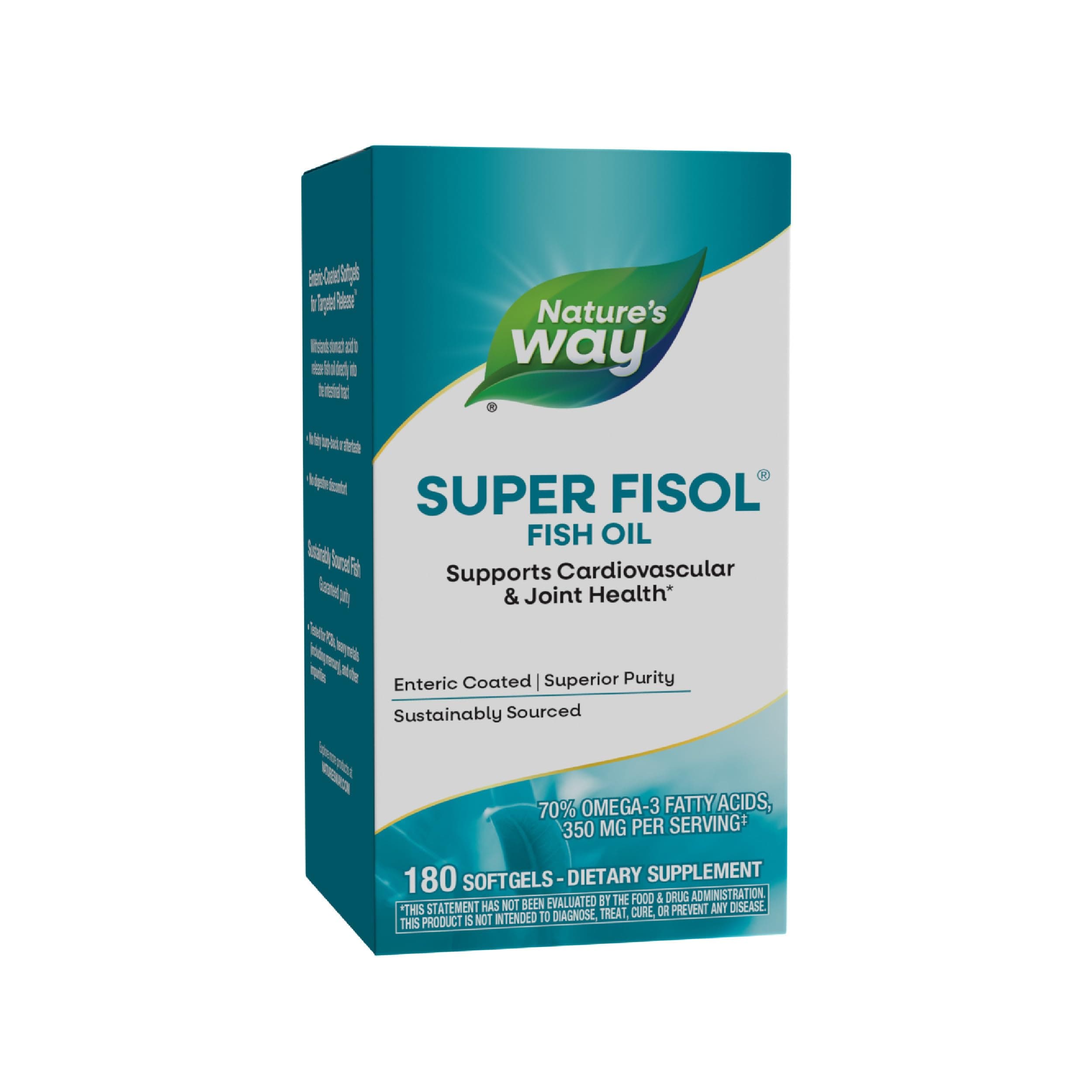 Super Fisol Fish Oil Omega 3 Supplements, Enteric Coated, Supports Cardiovascular and Joint Health*, Mega Potency Omega-3s, 180 Softgels (Packaging May Vary)