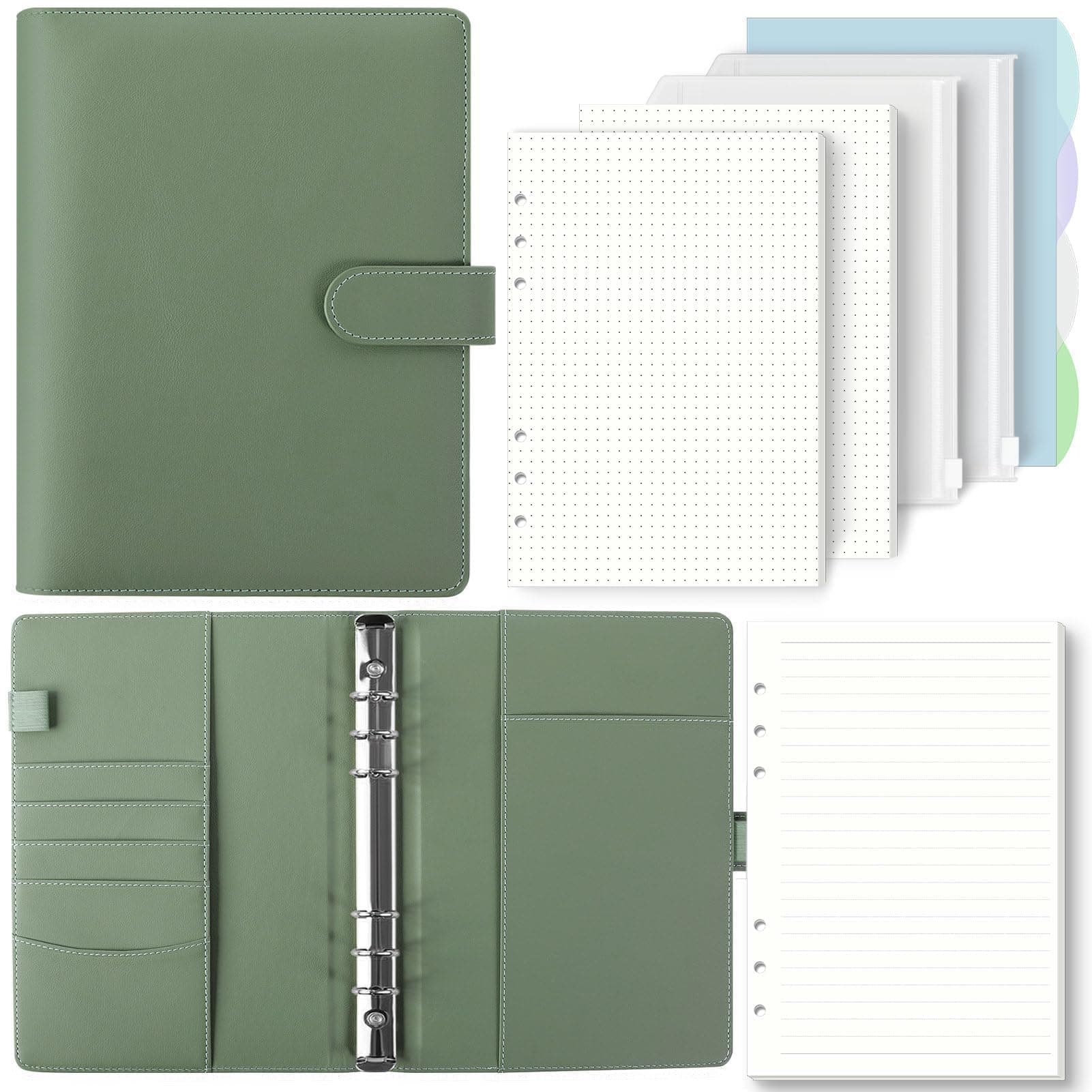 SKYDYE A5 6 Ring Binder - 135 Sheet Refill Paper, A5 Ring Binder Notebook with Pockets and Dividers for School Notes and Travel Diaries (Olive Green)