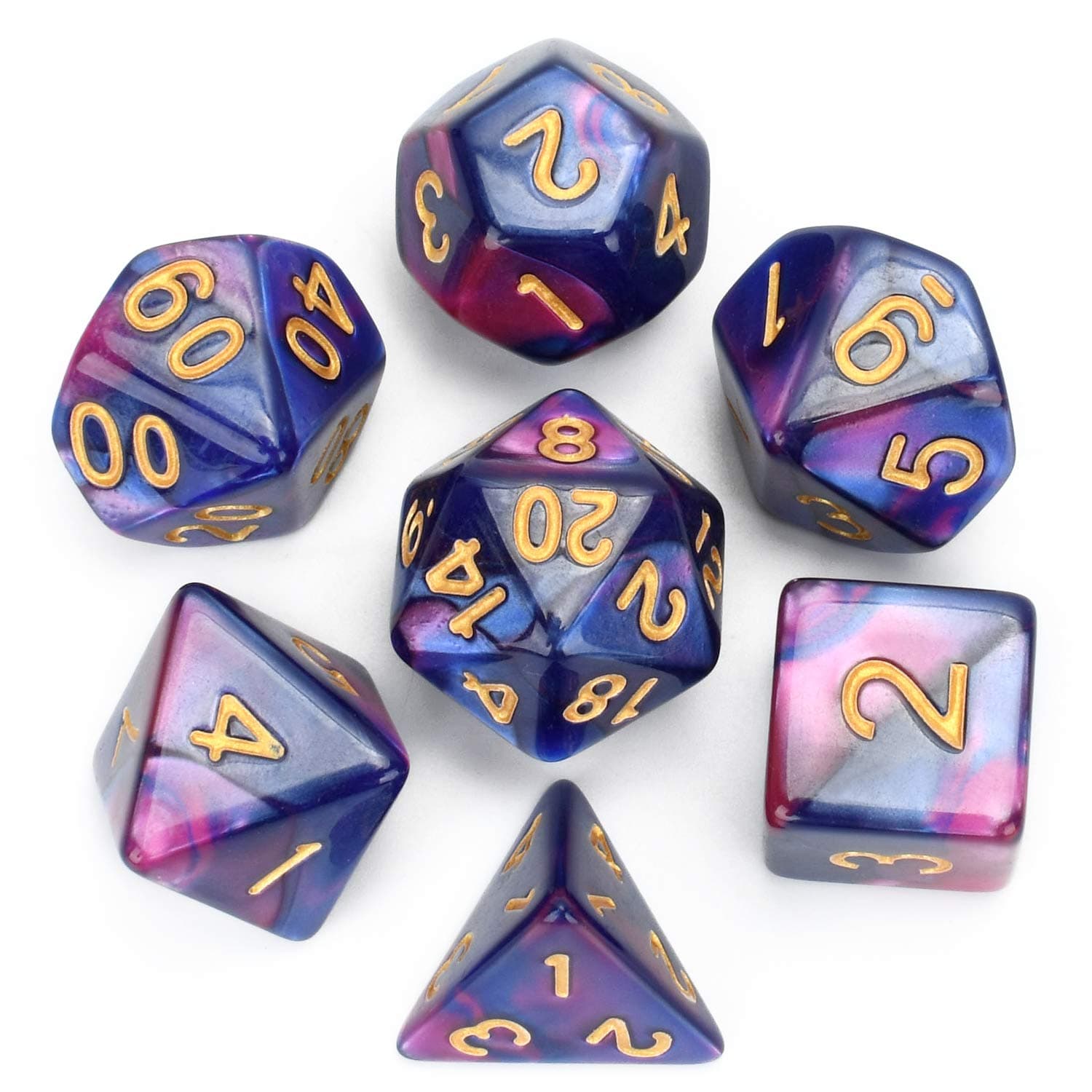 FLASHOWL Pearl D&D Dice Set RPG Dice Polyhedral Dice D20 Dice DND Dice , D12, D10, D8, D6, D4 DND RPG MTG Double Colors Game Dice DND Dice Sets 7 Set Dice for Table Gaming(7 Pieces Purple Blue)