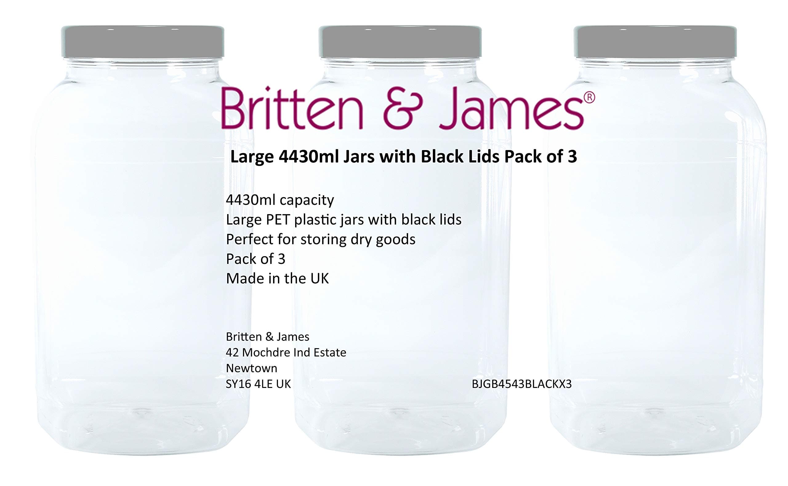 Britten & James Large Empty Plastic Jars 4500ml with lids (Black Lid (Pack of 3))