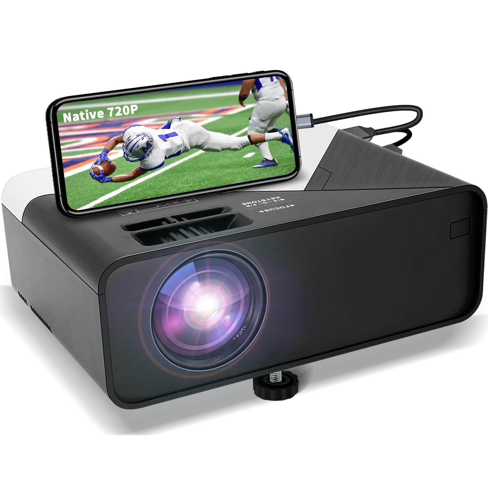 GRC Mini Projector, Full HD 1080 Supported Native 720P Projector Movie Projector, with Built-in HiFi Sound Speaker, Compatible with TV Stick HDMI USB AV DVD for Multimedia Home Theater/ Outdoor Movie
