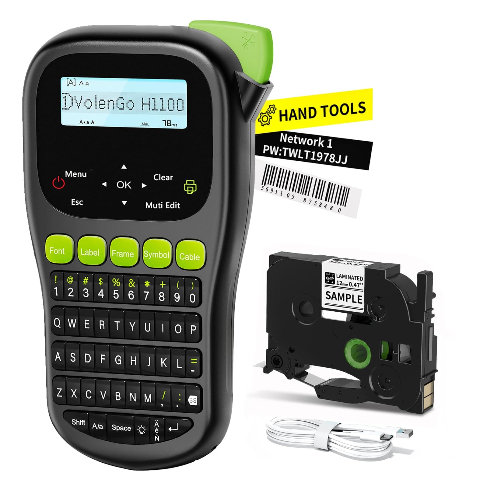 H1100 Label Maker, Handheld Backlit Label Maker Machine, with Waterproof White Tape(12mm), Replacement for Brother Label Printer, QWERTY Keyboard & 3 Cable Modes, For Home & Office