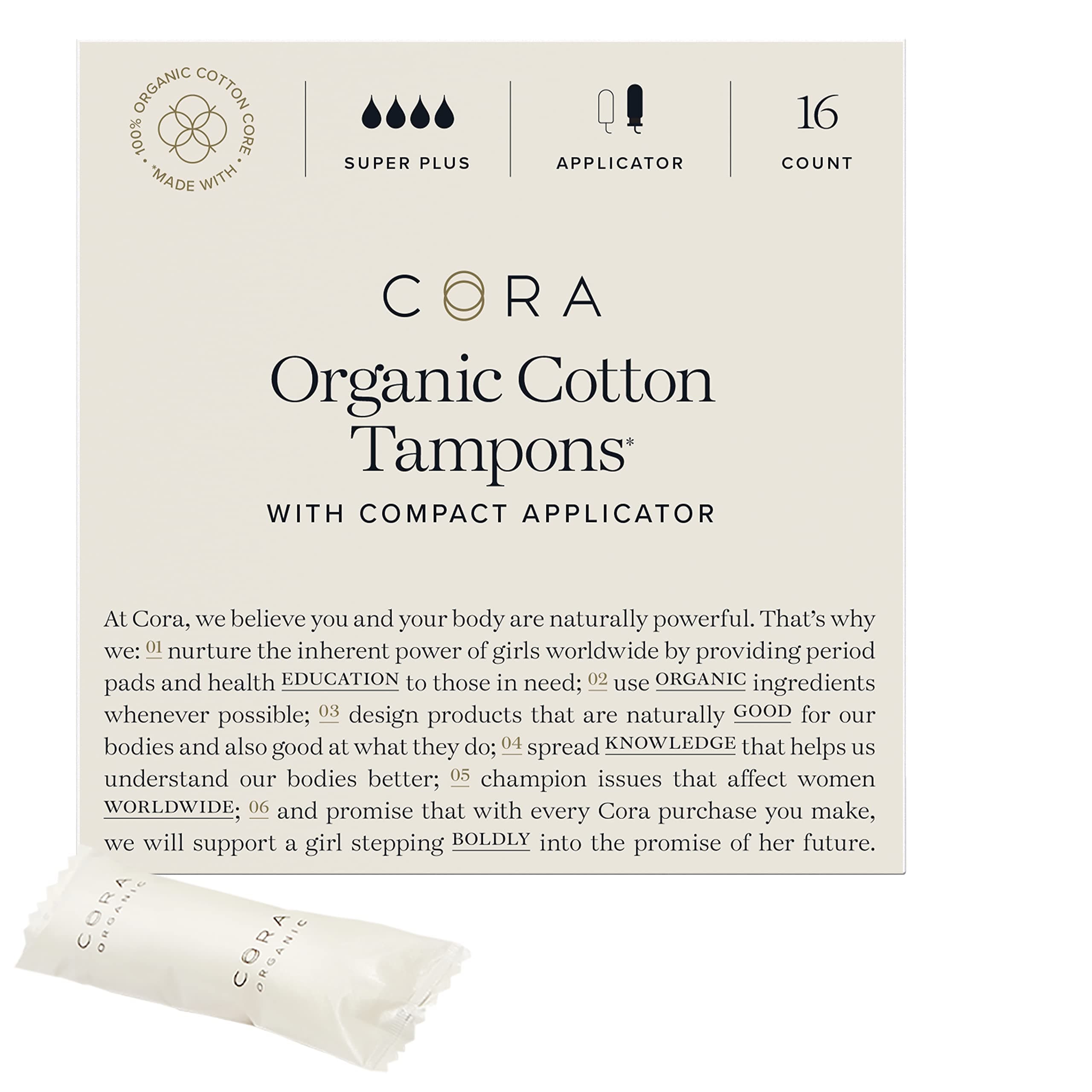 Cora Organic Applicator Tampons | Super Plus Absorbency | 100% Cotton Core, Unscented, BPA-Free Compact Applicator | Leak Protection, Easy Insertion, Non-Toxic | Packaging May Vary (16 Count)