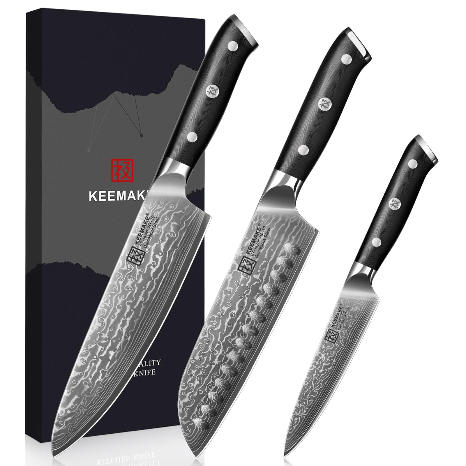 - KEEMAKE Damascus Kitchen Knife Set 3 PCS, Sharp Knives Set for Kitchen, 67 Layers Damascus Chef Knives, Japanese Knife Sets with Full Tang Ergonomic Handle, Kitchen Knives for Meat Vegetable