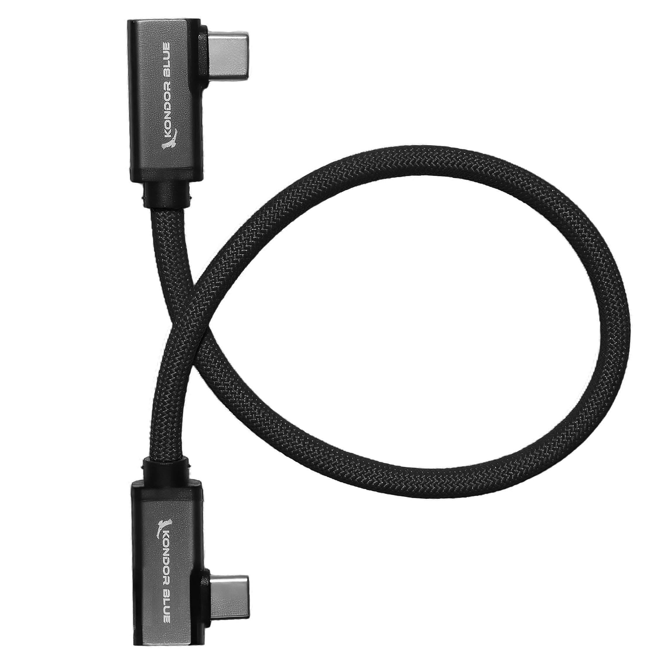 KONDOR BLUEDual Right Angle 12" USB-C Braided Cable for 8K Data and Power Delivery | 20 Gb/s Transfer Speed, USB PD 100W Charging, & Thunderbolt 3 Compatible | Black