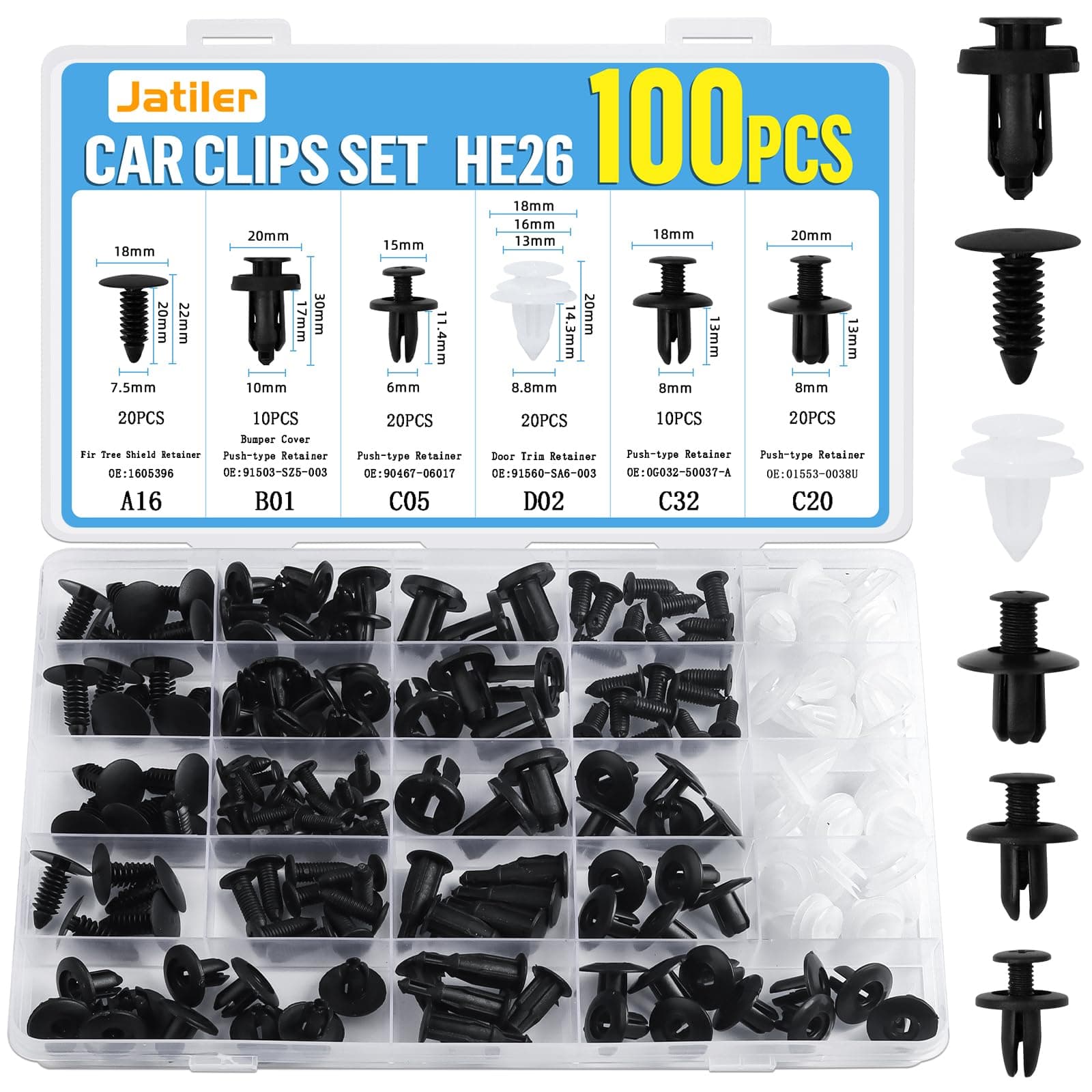 100 Pcs Car Trim Clips, HE26 Car Panel Clips Universal Auto Plastic Rivets Nylon Plastic Fasteners Bumper Clips and Fixings, 6 Sizes Push Rivets Door Trim Retainer Kit Accessories