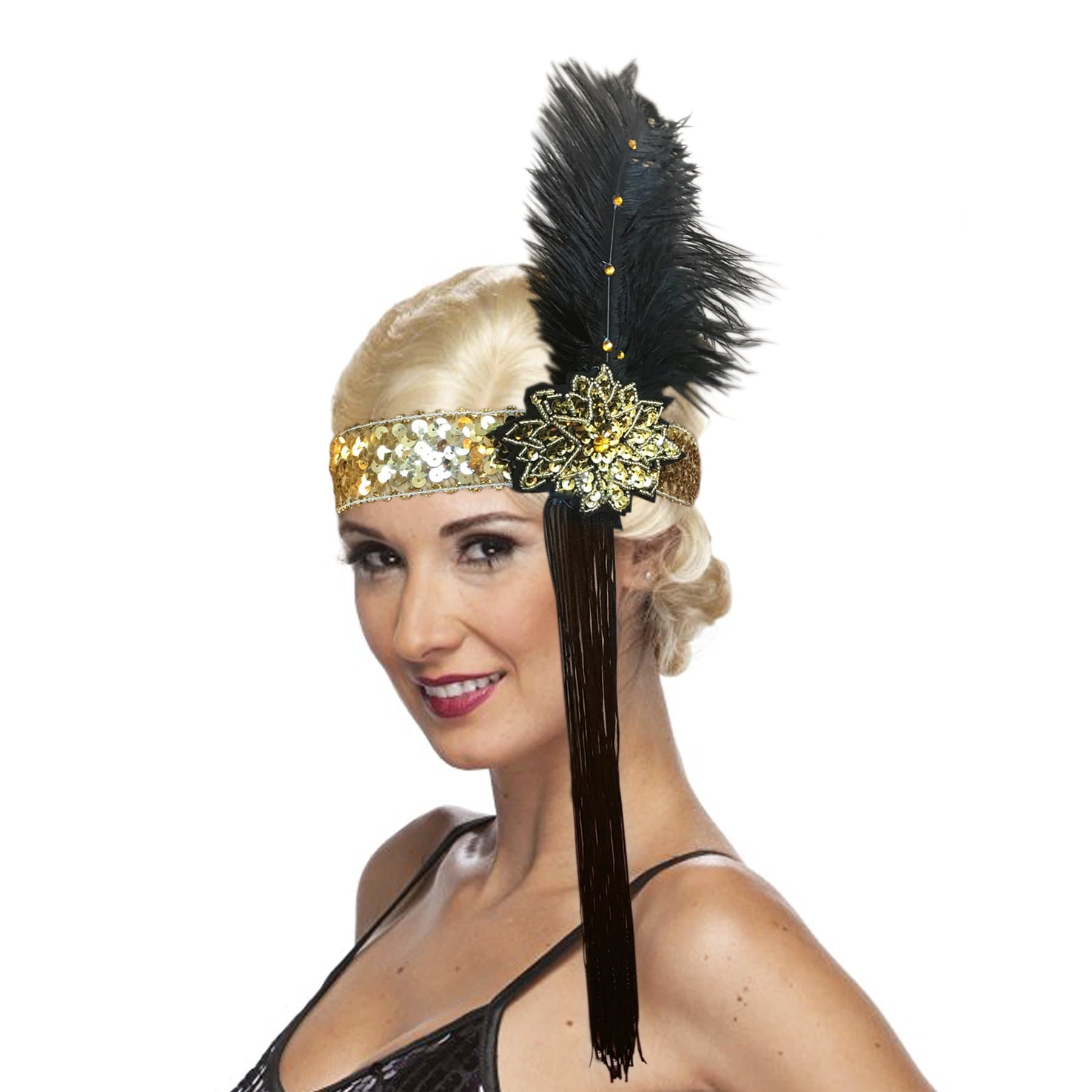 Performance Brands LLC Roaring 20's Costume Sequin Flapper Headband with Feather and Tassels Black, Gold