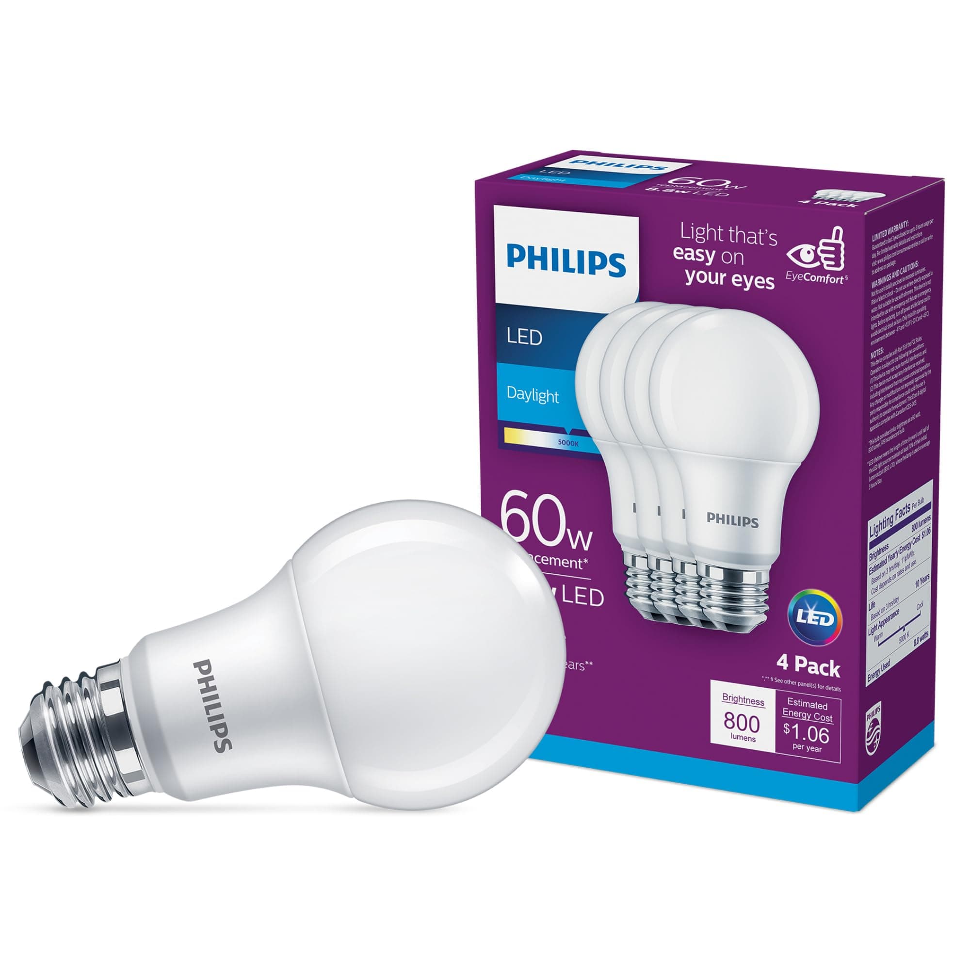 LED Frosted Non-Dimmable A19 Light Bulb - Pack of 4 - EyeComfort Flicker Free - 8.8W = 60W - 800 Lumen - Daylight (5000K) - E26 Base - Indoor - Title 20