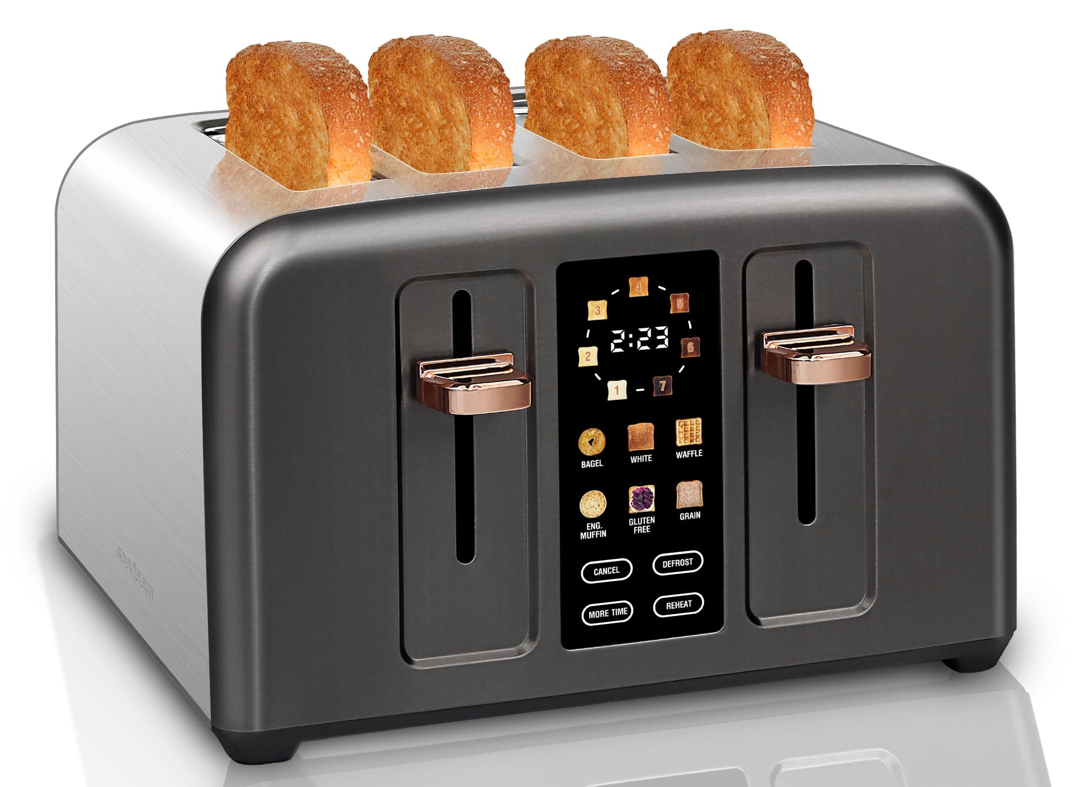 SEEDEEM Toaster 4 Slice, Stainless Toaster & Touch Control, LCD Display, 6 Bread Type, 7 Shade Settings, 1.5'' Wide Slots, Cancel/Defrost/Reheat, Removable Crumb Tray, 1800W, Dark Metallic