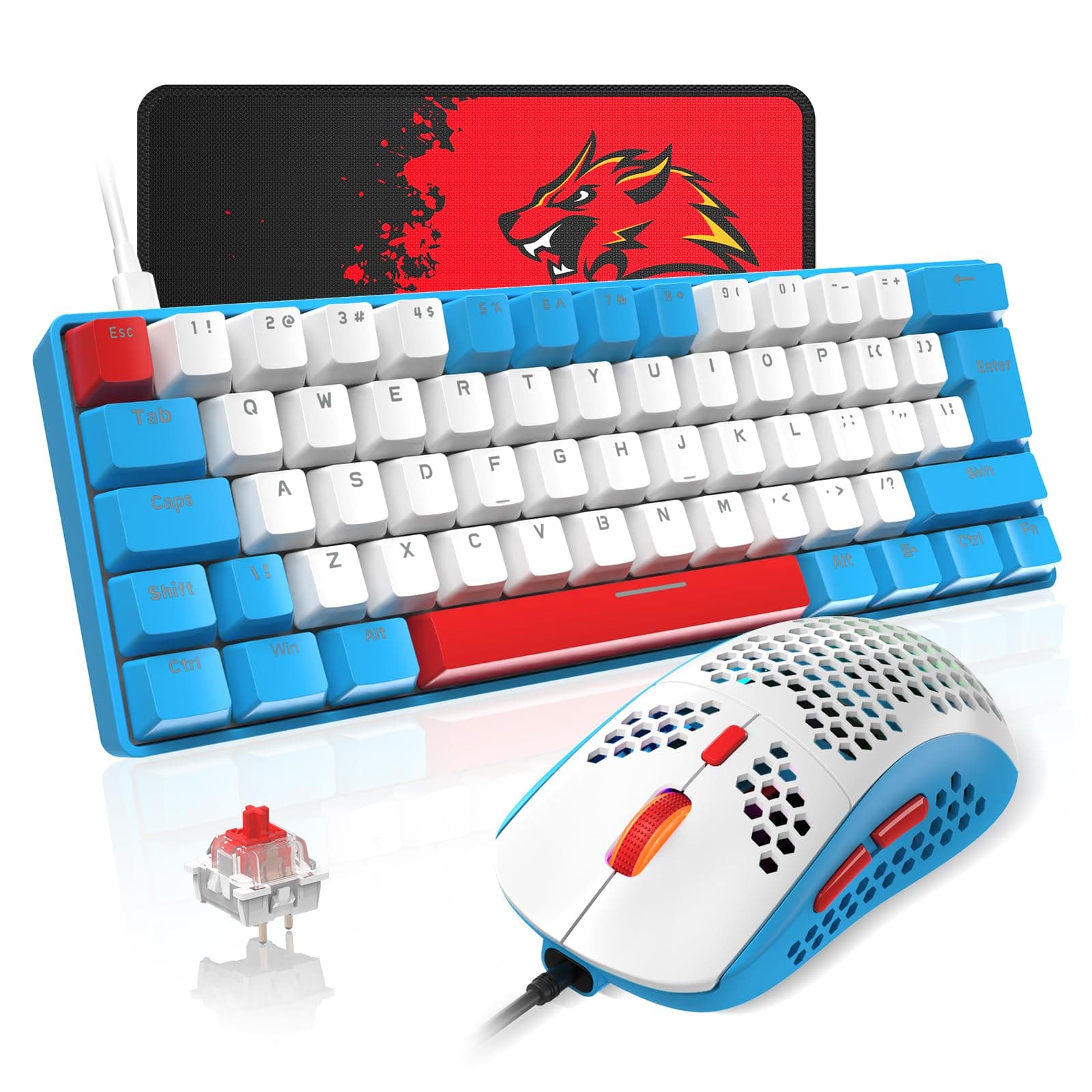 T60 UK Layout 60% Mechanical Keyboard and Mouse Set, Compact 62 Keys Mini Wired Gaming Keyboard 19 Rainbow Backlit + 6400DPI RGB Ultra-Light PC Gaming Mice + Mouse Pad For Laptop/MAC-Blue/Red Switch