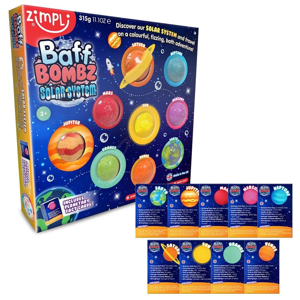 ZIMPLI - 9 x Solar System Baff Bombz, 9 x Planetary Fact Cards, Educational Planet Bath Bombs for Kids, Learning Science Kit, Xmas Gift for Boys & Girls