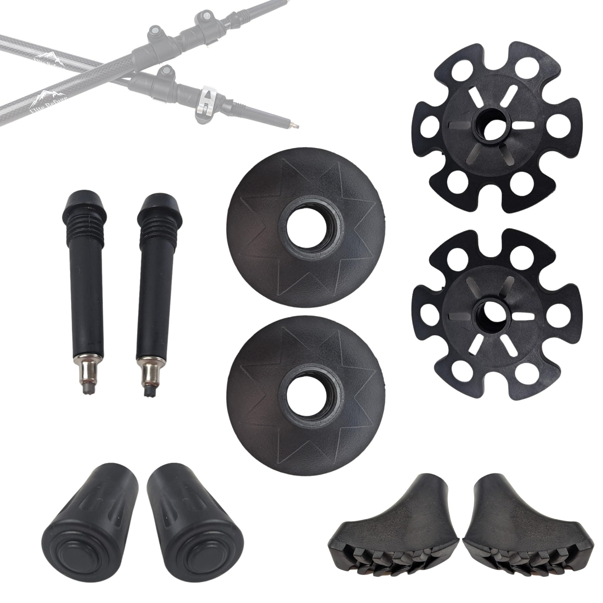 Trekking Pole & Walking Stick Tip Replacements - Universal 10pcs Set: 2 Carbide Tips, 2 Snow Baskets, 2 mud Tips, and 2 Rubber Tips. for Lost or Worn Trekking Pole Tips