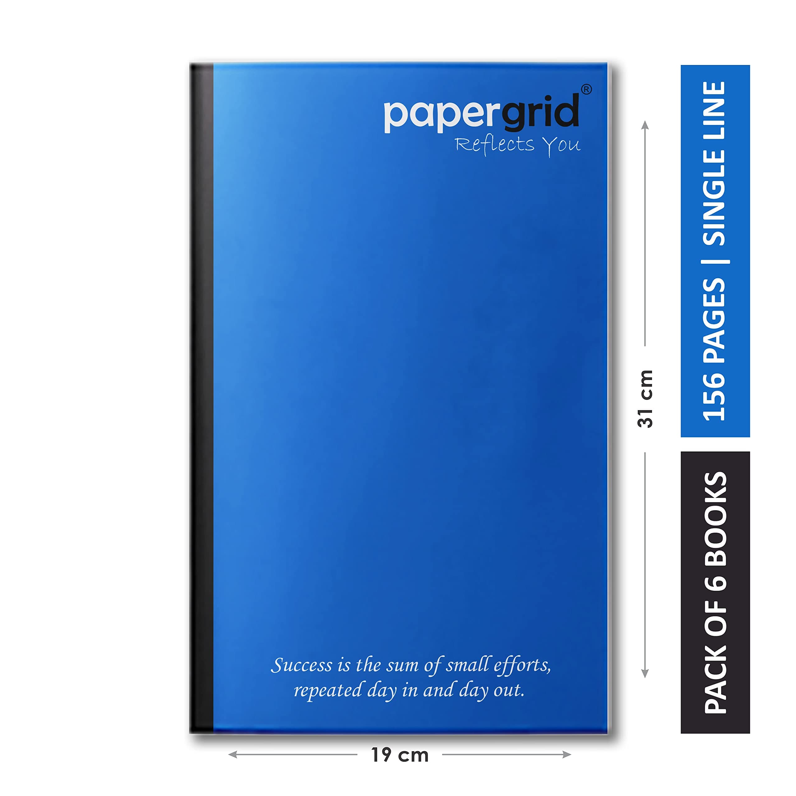 papergrid Notebook - Long Book (31 cm x 19 cm), Single Line, 156 Pages, Soft Cover - Pack of 6