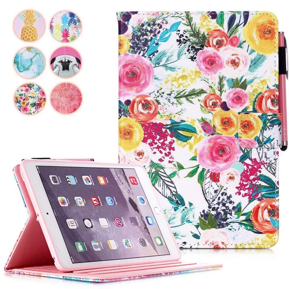 MonsDirect Case for iPad mini 5 Mini 4 3 2 1, PU Leather Folio Wallet Case Smart Sleep Wake Case with Kickstand Pencil Holder for iPad mini 5 2019 Mini 1 2 3 4, Painting Flower