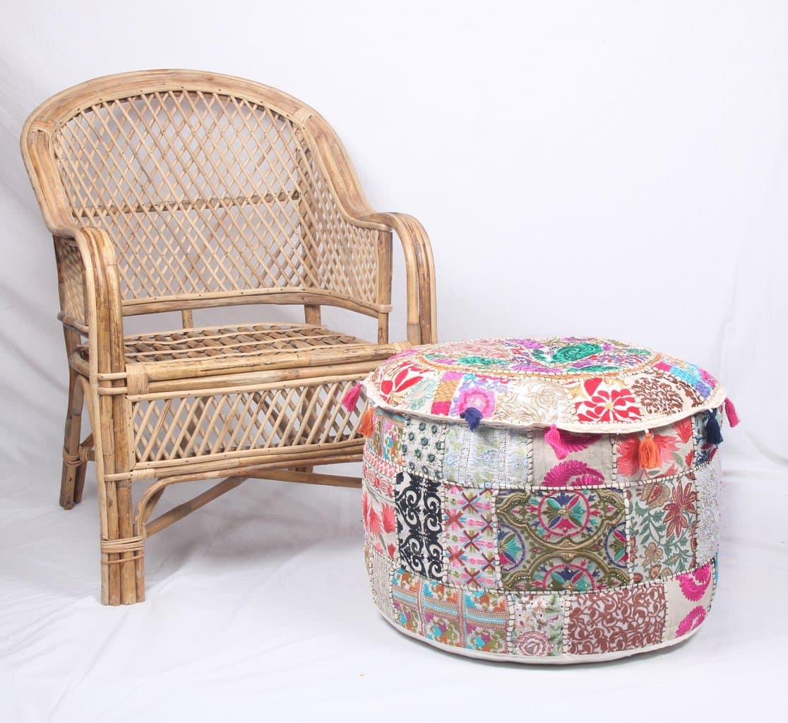 Jaipur Textile Hub JTH Decorative Indian Pouf Ottoman Round Patchwork Ethnic Floor Décor Ottoman (Size: 20X12X20 Inch) JTH-OP-FBA1 (White)