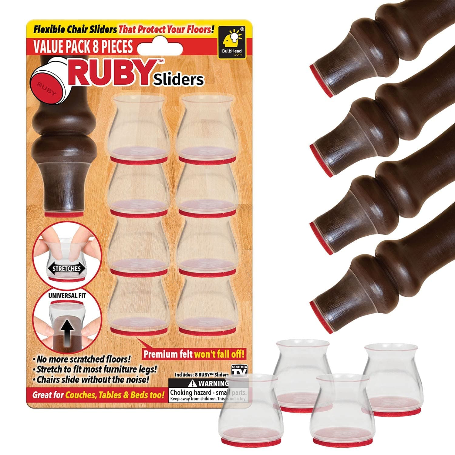 Ruby Sliders As Seen On TV by BulbHead - Red Means Theyâ€™re Authentic - Premium Chair Covers Protect Hardwood & Tile Floors from Scratching -Fits Most Furniture Leg Sizes &Shapes- 8 Count (Pack of 1)