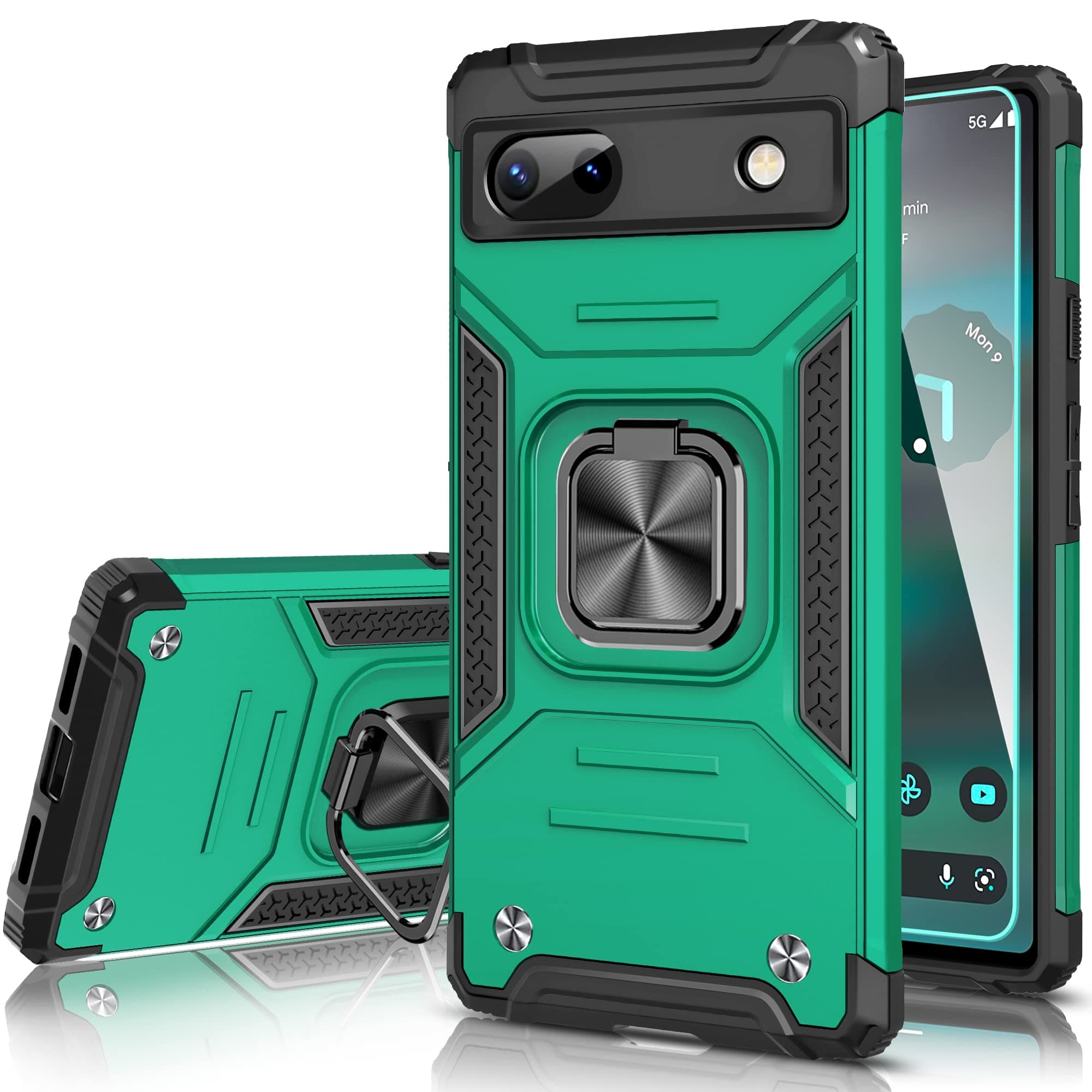 HoneyviewShockProof Case for Google Pixel 6A 5G with Ring Kickstand, Bumper Armour Phone Cover for Google Pixel 6A 5G - Dark Green