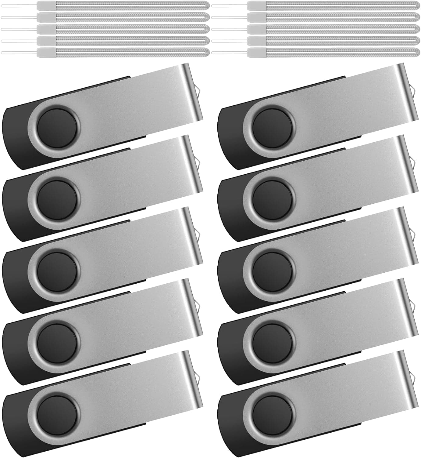 Kepmem 32GB Flash Drive 10 Pack, Silver Pendrive 2.0 Metal Swivel USB Stick with 10pce Ropes