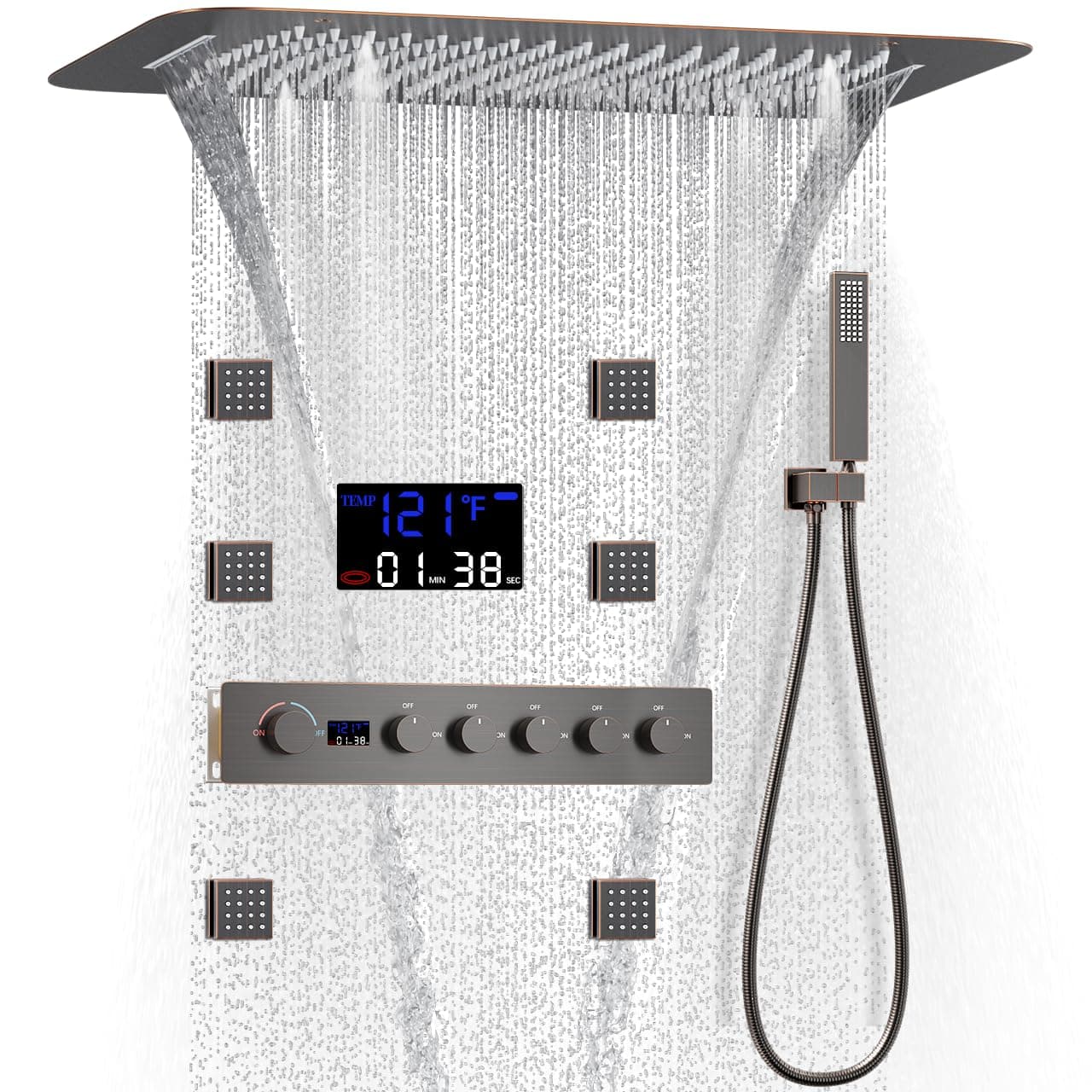 AYIVG Thermostatic Shower System Multi Functions Full Body Shower System with 6pcs Body Jets Spray Temperature Display Ceiling Mounted Waterfall Rain Shower Head System Oil Rubbed Bronze