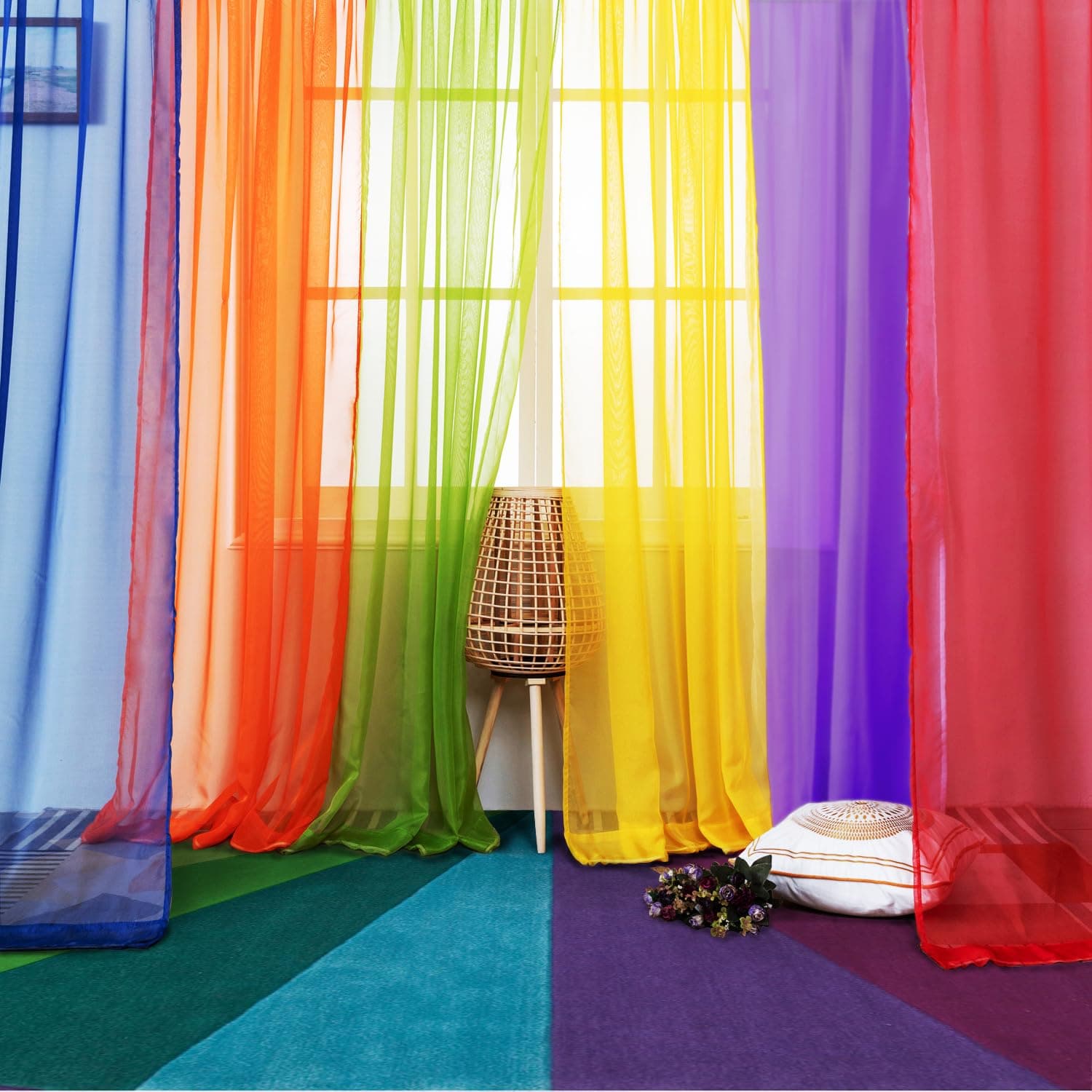 6 Piece Rainbow Sheer Window Panel Colorful Backdrop Bright Curtains Set for Playroom, Nurseries, Bedroom & more Lime, Orange, Red, Purple, Bright Yellow, Navy drapes- 84 inch Long Panels