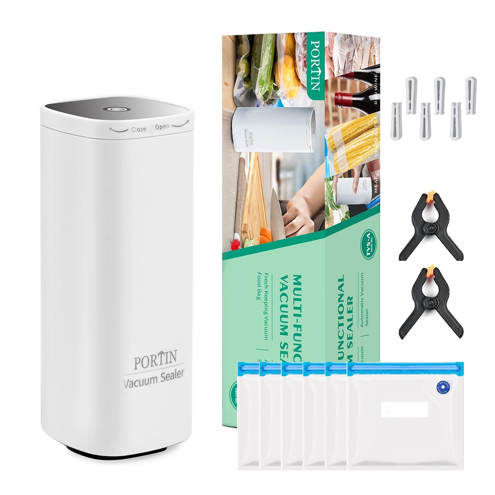 Portable Kitchen Vacuum Sealer Set, Handheld Automatic Sealer Vacuum Kit with 6 pcs Reusable Food Storage Sous Vide Bags, 6 Sealing Clips & 2 Clips for Food Storage