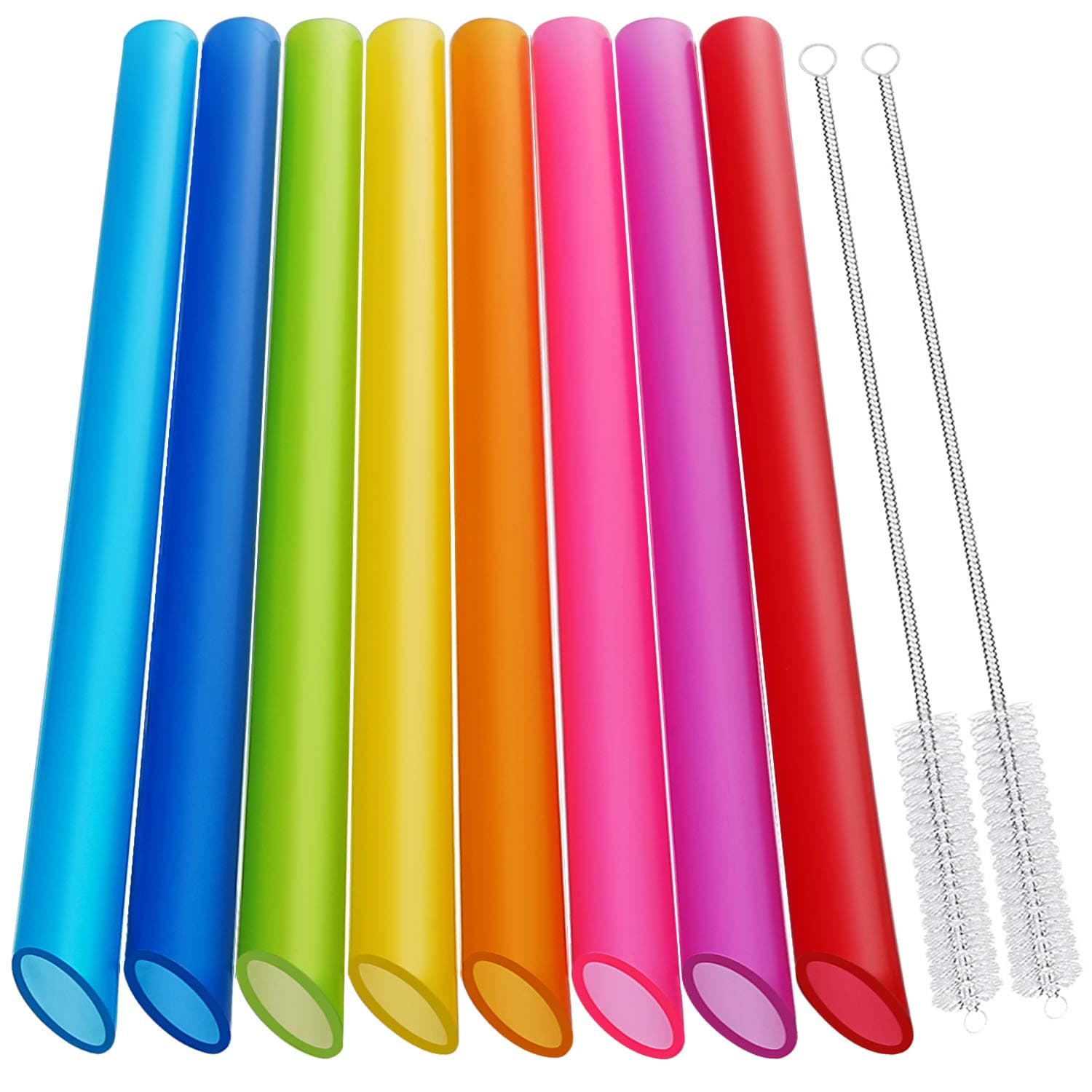 8 Pcs Multi Colors Angled Tips Reusable Boba Straws/Smoothie Straws with 2 Cleaning Brushes - Extra Wide, BPA Free Plastic, 10.5" Long, 0.4" Inner Diameter, 10 Pcs